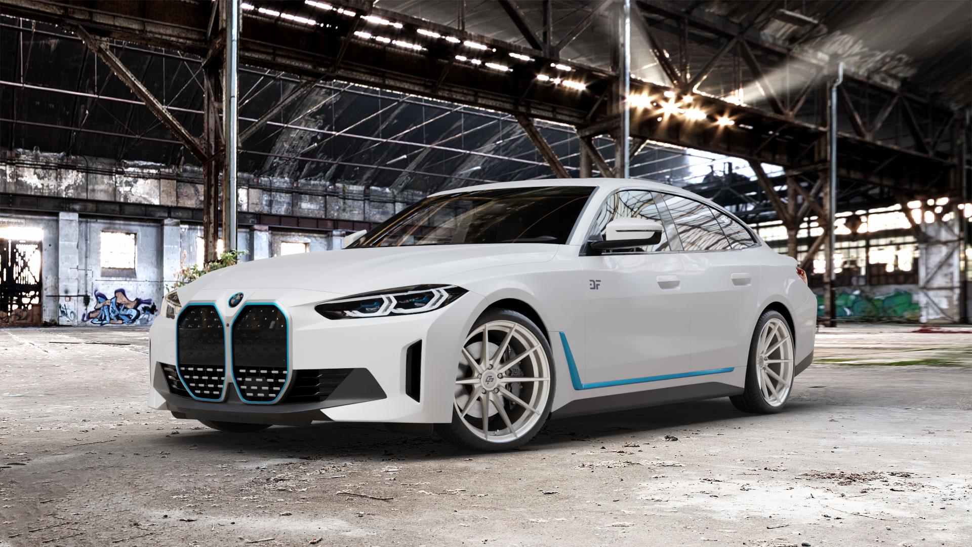 La Chanti Performance LC-P10 Machined Silver Felge mit Reifen silber in 20Zoll Alufelge auf weissem BMW i4 (G4C) ⬇️ mit 15mm Tieferlegung ⬇️ Old Industrial Hall_max_5300mm_2024 Frontansicht_1