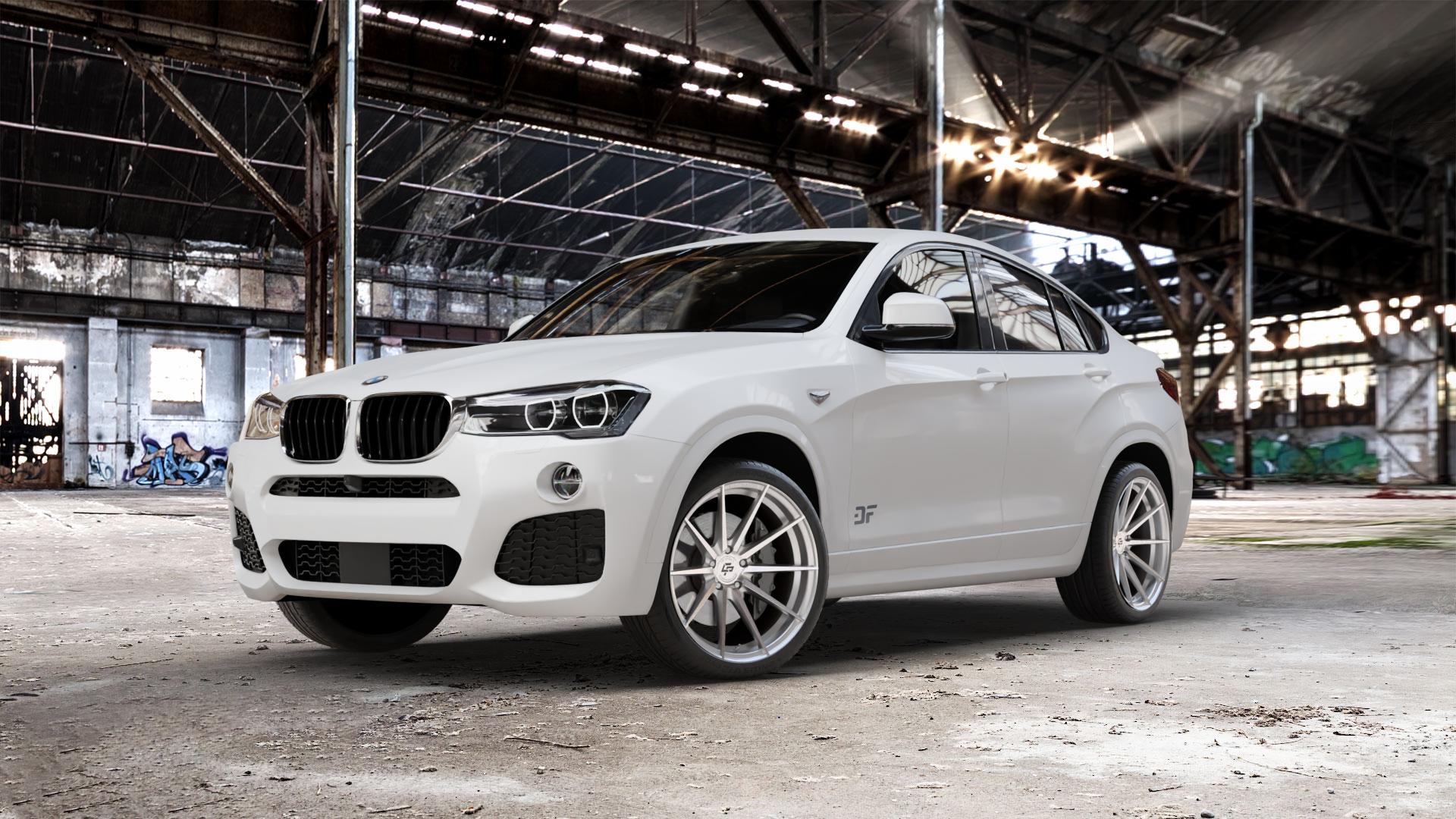 La Chanti Performance LC-P10 Machined Silver Felge mit Reifen silber in 20Zoll Alufelge auf weissem BMW X4 Typ F26 (X3, X-N1) ⬇️ mit 15mm Tieferlegung ⬇️ Old Industrial Hall_max_5300mm_2024 Frontansicht_1