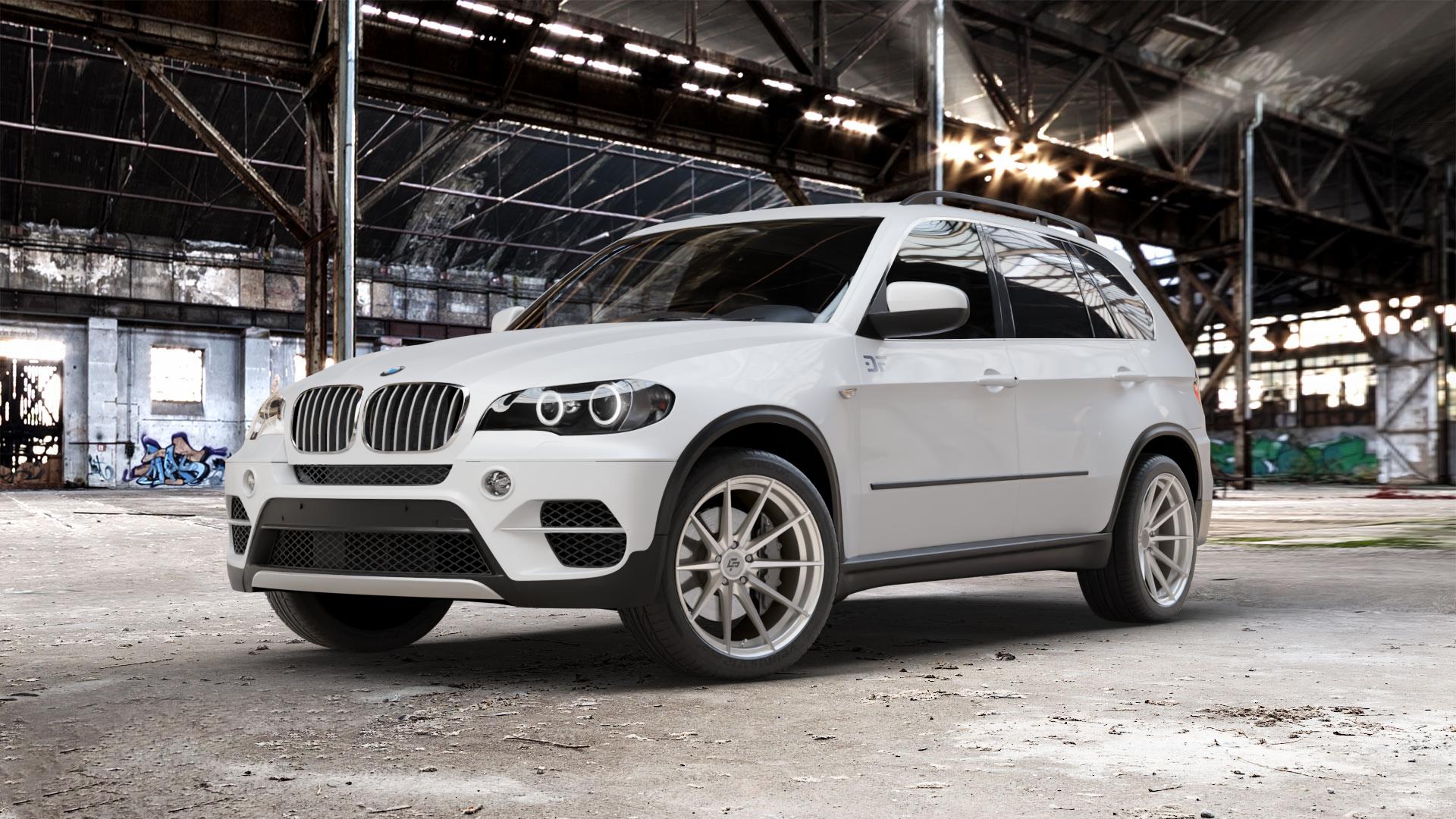 La Chanti Performance LC-P10 Machined Silver Felge mit Reifen silber in 20Zoll Alufelge auf weissem BMW X5 Typ E70 (X70, X5, X-N1) ⬇️ mit 15mm Tieferlegung ⬇️ Old Industrial Hall_max_5300mm_2024 Frontansicht_1