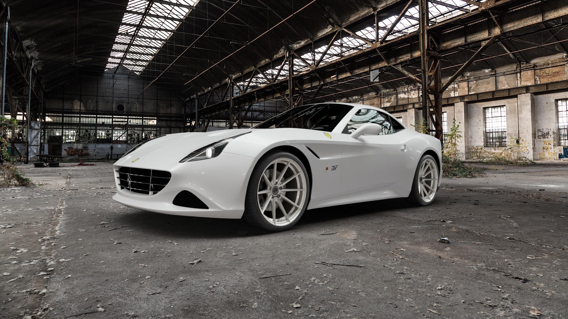 La Chanti Performance LC-P10 Machined Silver Felge mit Reifen silber in 20Zoll Alufelge auf weissem Ferrari California ⬇️ mit 15mm Tieferlegung ⬇️ Old Industrial Hall_max5000mm_2022 Frontansicht_1
