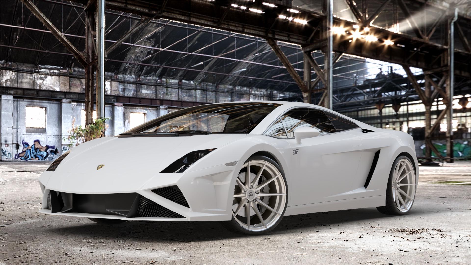 La Chanti Performance LC-P10 Machined Silver Felge mit Reifen silber in 20Zoll Alufelge auf weissem Lamborghini Gallardo ⬇️ mit 15mm Tieferlegung ⬇️ Old Industrial Hall_max_4400mm_2024 Frontansicht_1