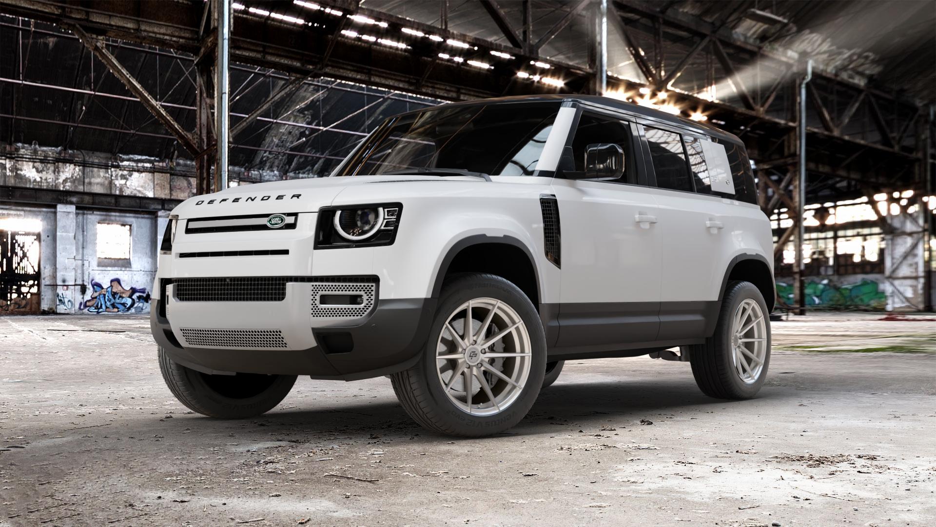 La Chanti Performance LC-P10 Machined Silver Felge mit Reifen silber in 20Zoll Alufelge auf weissem Land Rover Defender 110 Typ LE ⬇️ mit 15mm Tieferlegung ⬇️ Old Industrial Hall_max_5300mm_2024 Frontansicht_1