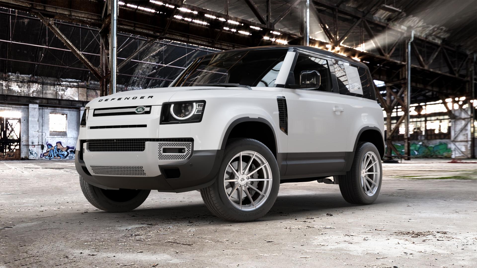 La Chanti Performance LC-P10 Machined Silver Felge mit Reifen silber in 20Zoll Alufelge auf weissem Land Rover Defender 90 Typ LE ⬇️ mit 15mm Tieferlegung ⬇️ Old Industrial Hall_max_5300mm_2024 Frontansicht_1
