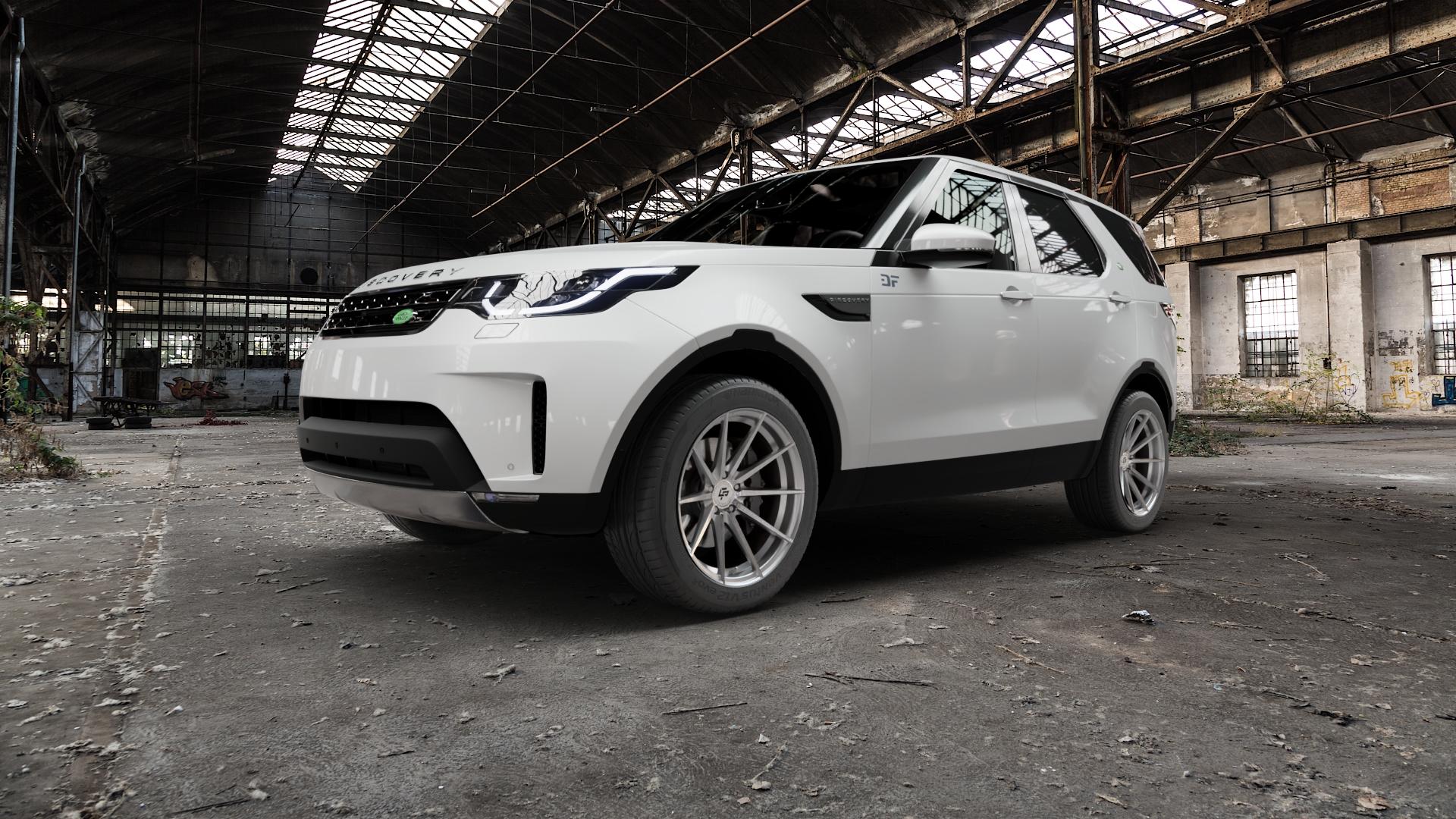 La Chanti Performance LC-P10 Machined Silver Felge mit Reifen silber in 20Zoll Alufelge auf weissem Land Rover Discovery V Typ LR ⬇️ mit 15mm Tieferlegung ⬇️ Old Industrial Hall_max5000mm_2022 Frontansicht_1