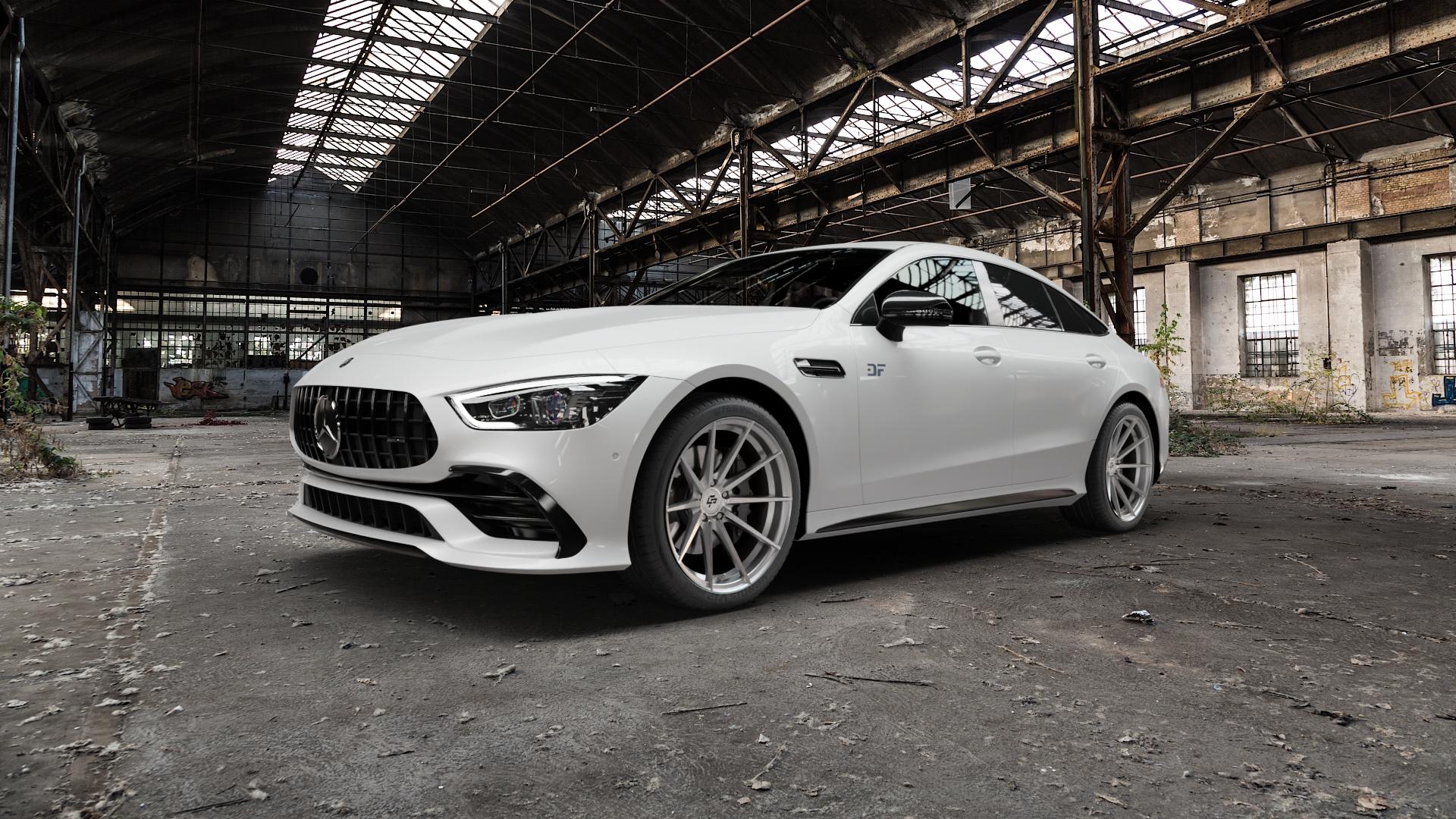 La Chanti Performance LC-P10 Machined Silver Felge mit Reifen silber in 20Zoll Alufelge auf weissem Mercedes AMG GT Coupe Typ R1EAMG ⬇️ mit 15mm Tieferlegung ⬇️ Old Industrial Hall_max5000mm_2022 Frontansicht_1
