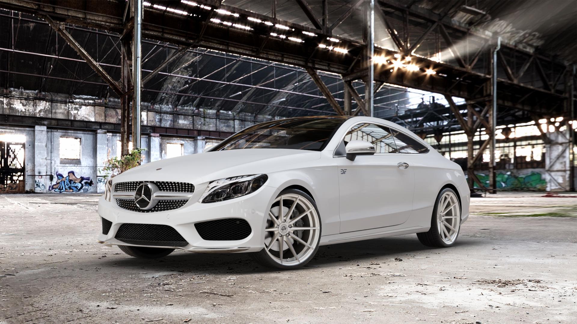 La Chanti Performance LC-P10 Machined Silver Felge mit Reifen silber in 20Zoll Alufelge auf weissem Mercedes C-Klasse Typ C205 Coupe Facelift ⬇️ mit 15mm Tieferlegung ⬇️ Old Industrial Hall_max_5300mm_2024 Frontansicht_1