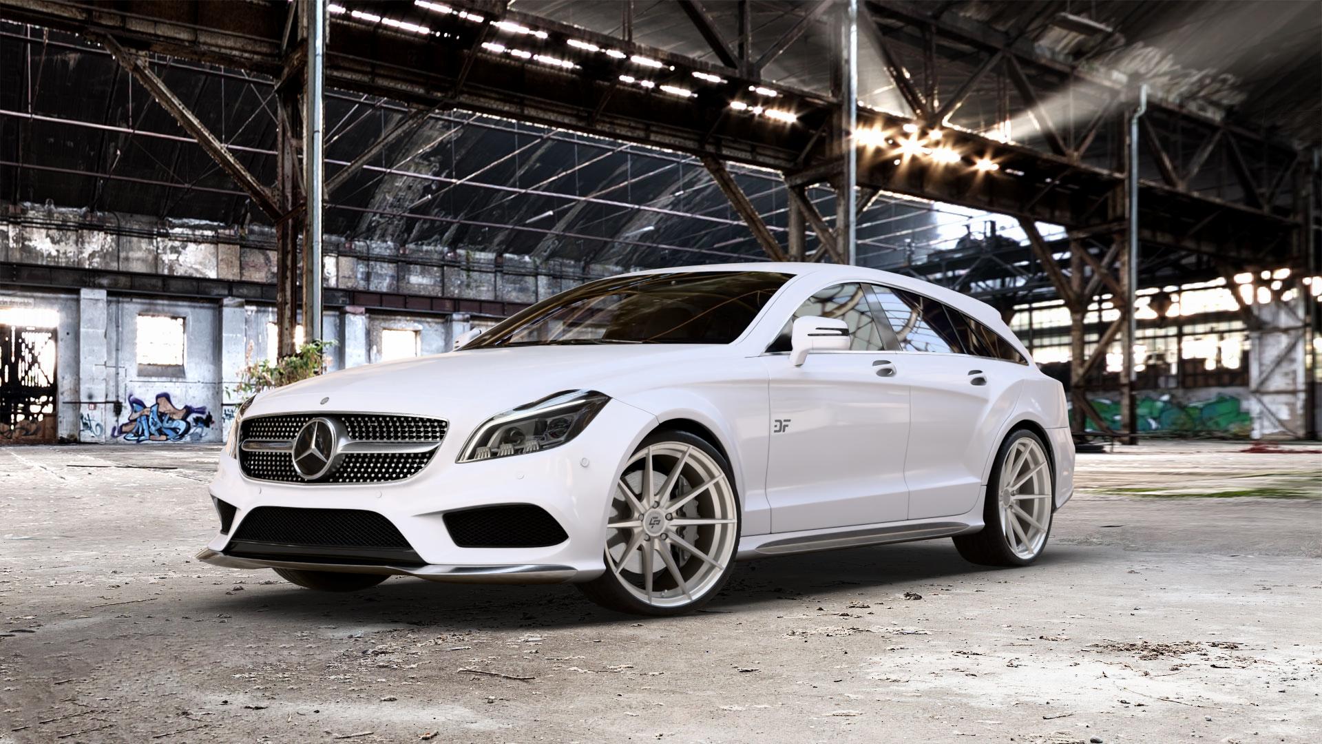 La Chanti Performance LC-P10 Machined Silver Felge mit Reifen silber in 20Zoll Alufelge auf weissem Mercedes CLS Typ X218 Shooting Brake 2,1l 250 CDI 150kW (204 PS) 3,0l 350 195kW (265 4Matic 3,5l 225kW (306 4,7l 500 300kW (408 5,5l 63 AMG 410kW (557 4-Matic 43 ⬇️ mit 15mm Tieferlegung ⬇️ Old Industrial Hall_max_5300mm_2024 Frontansicht_1