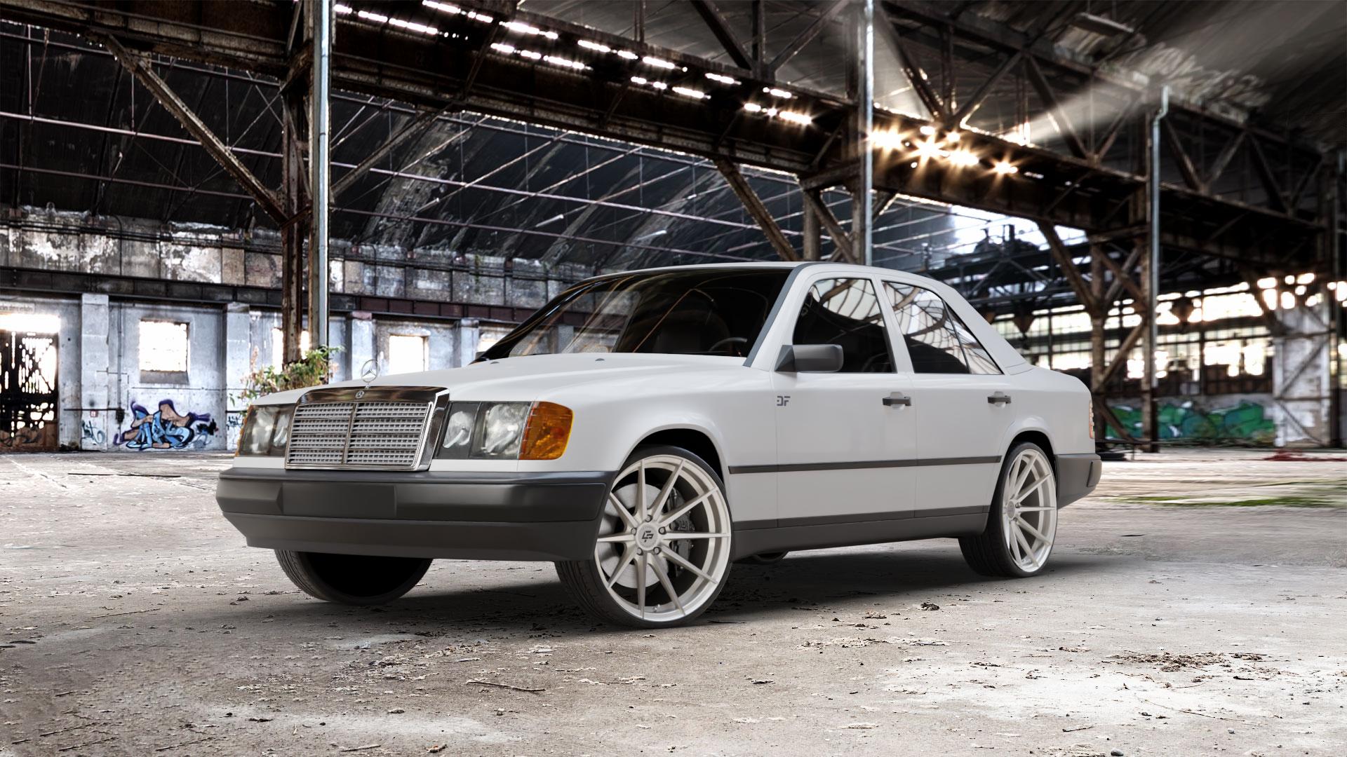 La Chanti Performance LC-P10 Machined Silver Felge mit Reifen silber in 20Zoll Alufelge auf weissem Mercedes E-Klasse Typ W124 Limousine ⬇️ mit 15mm Tieferlegung ⬇️ Old Industrial Hall_max_5300mm_2024 Frontansicht_1