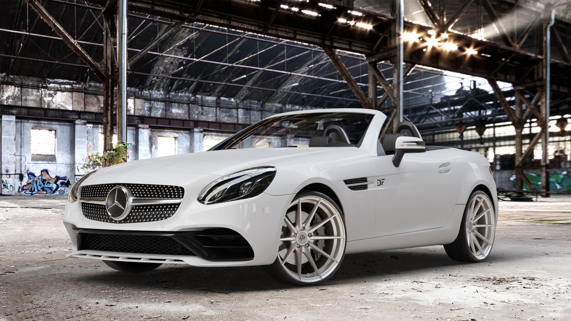La Chanti Performance LC-P10 Machined Silver Felge mit Reifen silber in 20Zoll Alufelge auf weissem Mercedes SLK Typ R172 ⬇️ mit 15mm Tieferlegung ⬇️ Old Industrial Hall_max_4400mm_2024 Frontansicht_1