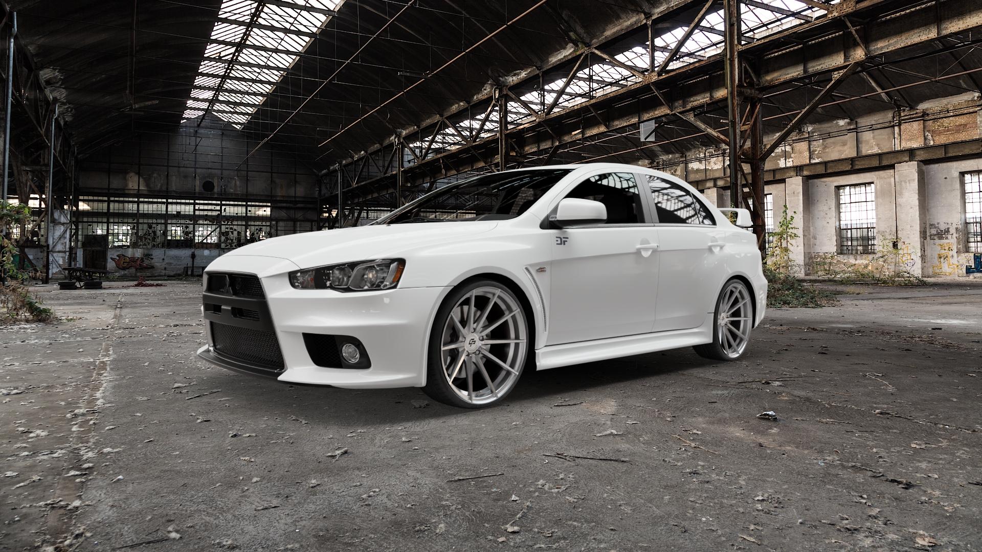 La Chanti Performance LC-P10 Machined Silver Felge mit Reifen silber in 20Zoll Alufelge auf weissem Mitsubishi Lancer Evolution X Typ CZ0 ⬇️ mit 15mm Tieferlegung ⬇️ Old Industrial Hall_max5000mm_2022 Frontansicht_1