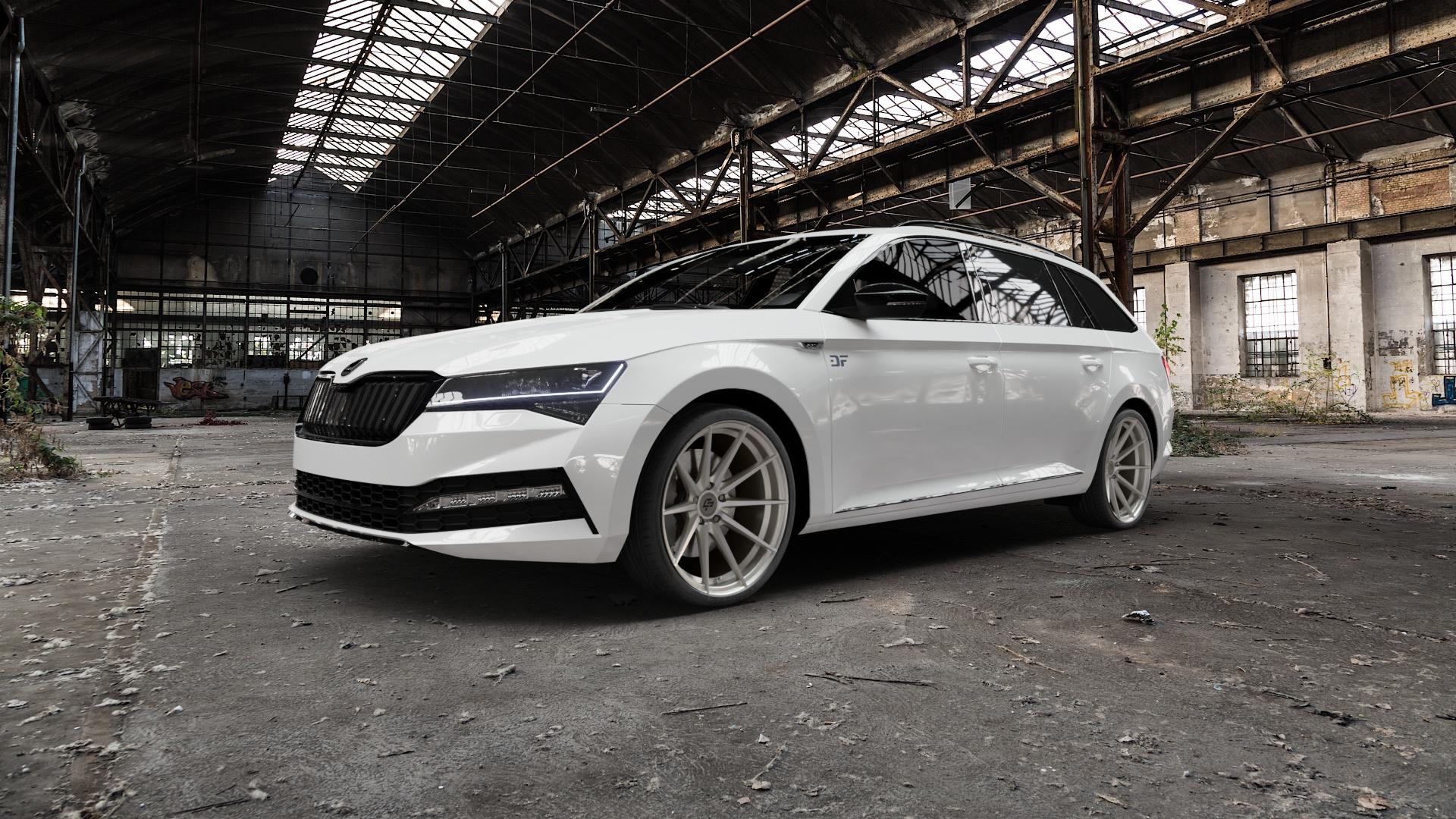 La Chanti Performance LC-P10 Machined Silver Felge mit Reifen silber in 20Zoll Alufelge auf weissem Skoda Superb III Kombi Typ 3V Facelift ⬇️ mit 15mm Tieferlegung ⬇️ Old Industrial Hall_max5000mm_2022 Frontansicht_1