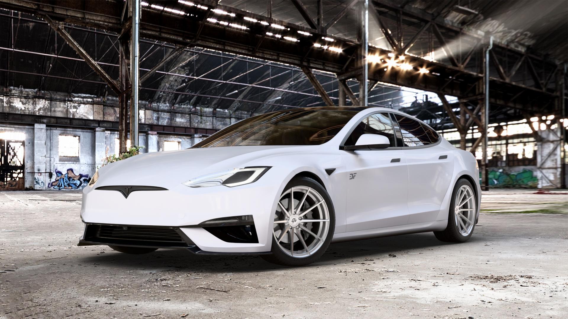 La Chanti Performance LC-P10 Machined Silver Felge mit Reifen silber in 20Zoll Alufelge auf weissem Tesla Model S Typ 006 0,0l 357kW Plaid AWD (485 PS) ⬇️ mit 15mm Tieferlegung ⬇️ Old Industrial Hall_max_5300mm_2024 Frontansicht_1
