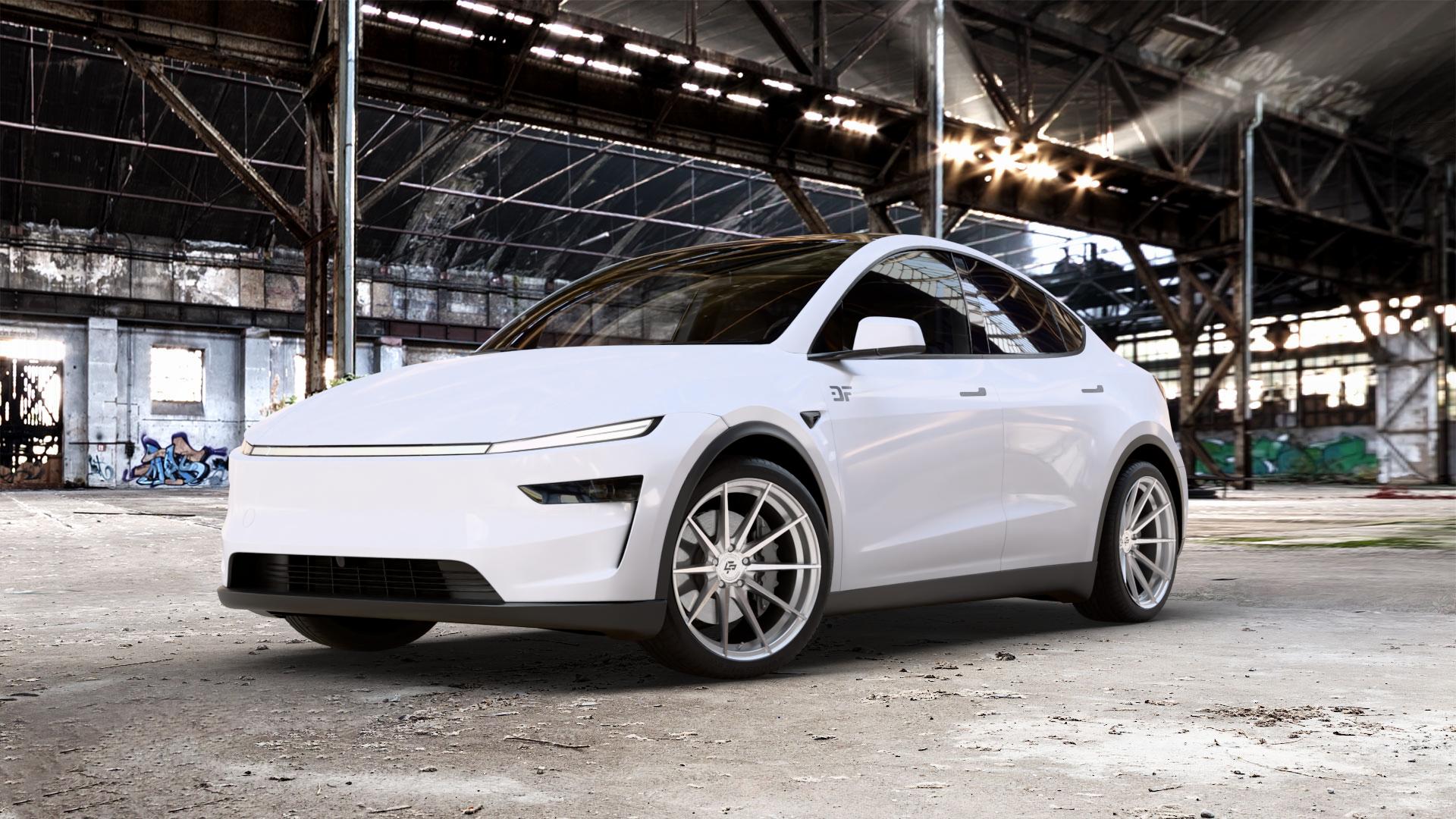 La Chanti Performance LC-P10 Machined Silver Felge mit Reifen silber in 20Zoll Alufelge auf weissem Tesla Model Y Typ 003 Facelift 003/005 ⬇️ mit 15mm Tieferlegung ⬇️ Old Industrial Hall_max_5300mm_2024 Frontansicht_1