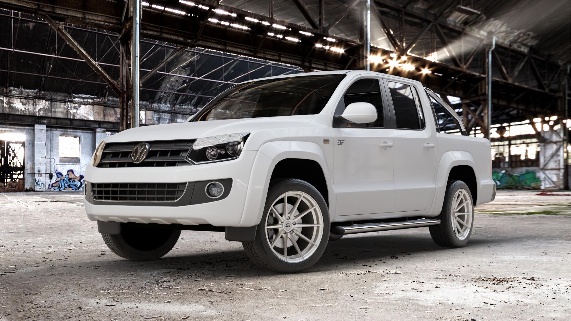 La Chanti Performance LC-P10 Machined Silver Felge mit Reifen silber in 20Zoll Alufelge auf weissem Volkswagen (VW) Amarok I Typ 2H 2HS2 ⬇️ mit 15mm Tieferlegung ⬇️ Old Industrial Hall_max_5300mm_2024 Frontansicht_1