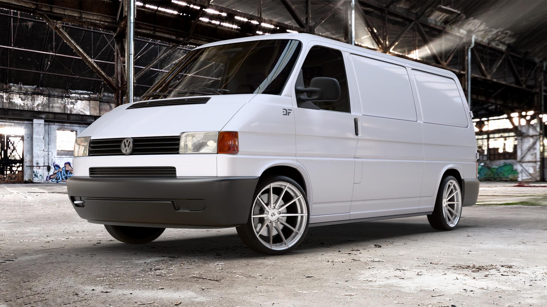 La Chanti Performance LC-P10 Machined Silver Felge mit Reifen silber in 20Zoll Alufelge auf weissem Volkswagen (VW) T4 Transporter ⬇️ mit 15mm Tieferlegung ⬇️ Old Industrial Hall_max_5300mm_2024 Frontansicht_1