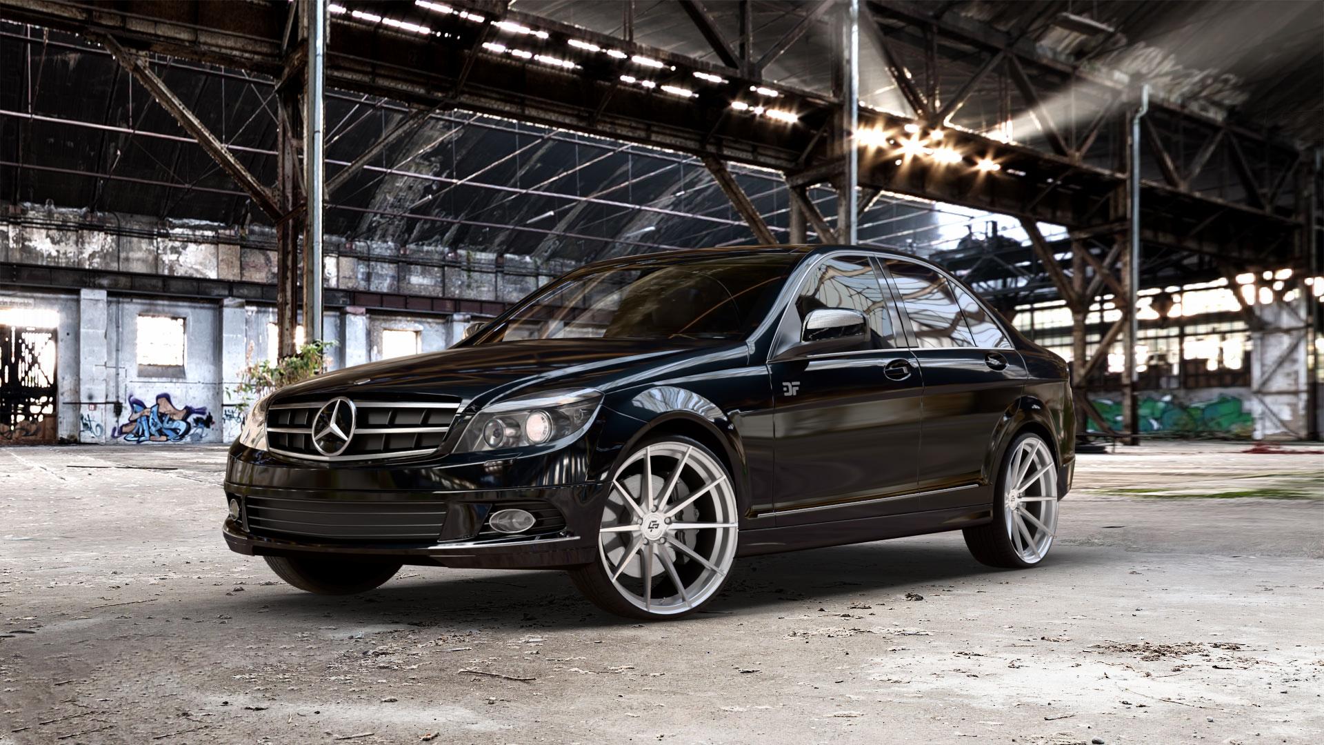 La Chanti Performance LC-P10 Machined Silver Felge mit Reifen silber in 21Zoll Alufelge auf schwarzem metallic Mercedes C-Klasse Typ W204 Limousine ⬇️ mit 15mm Tieferlegung ⬇️ Old Industrial Hall_max_5300mm_2024 Frontansicht_1