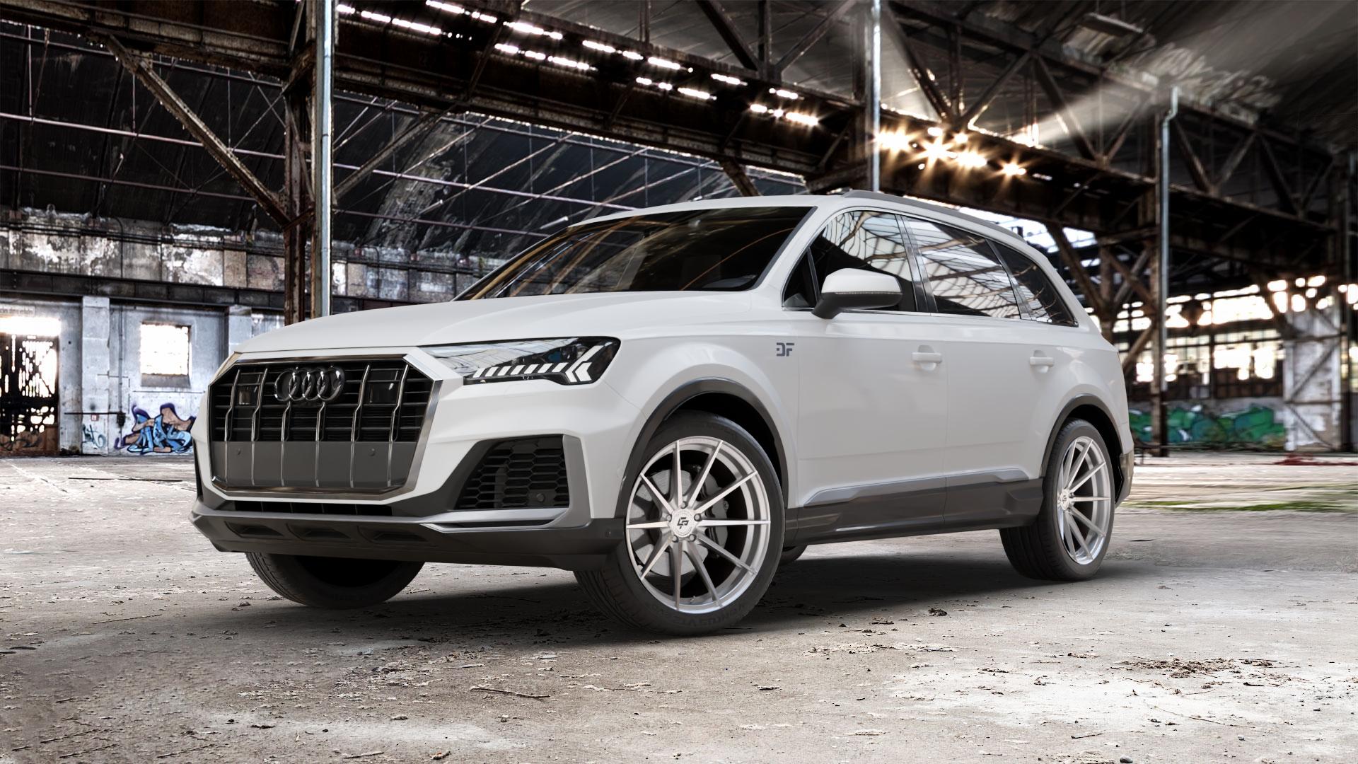 La Chanti Performance LC-P10 Machined Silver Felge mit Reifen silber in 21Zoll Alufelge auf weissem Audi Q7 II Typ 4M (4L) Facelift 19-> ⬇️ mit 15mm Tieferlegung ⬇️ Old Industrial Hall_max_5300mm_2024 Frontansicht_1