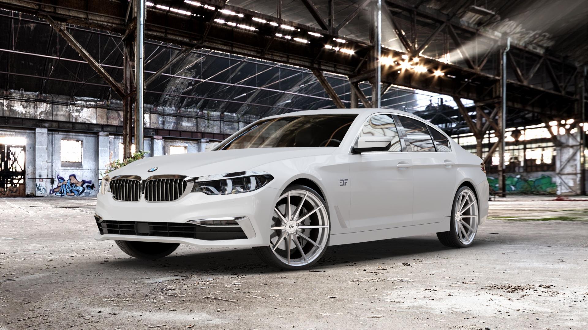 La Chanti Performance LC-P10 Machined Silver Felge mit Reifen silber in 21Zoll Alufelge auf weissem BMW 5er G30 Limousine (G5L) ⬇️ mit 15mm Tieferlegung ⬇️ Old Industrial Hall_max_5300mm_2024 Frontansicht_1