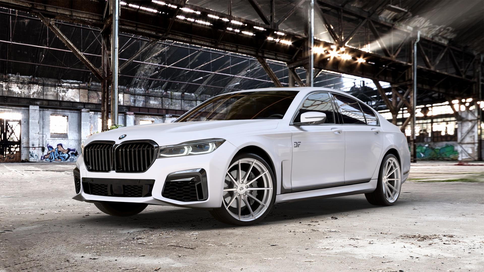 La Chanti Performance LC-P10 Machined Silver Felge mit Reifen silber in 21Zoll Alufelge auf weissem BMW 730i Typ G11 Facelift 740i 745e 750i xDrive 7er Limousine (7L) ⬇️ mit 15mm Tieferlegung ⬇️ Old Industrial Hall_max_5300mm_2024 Frontansicht_1