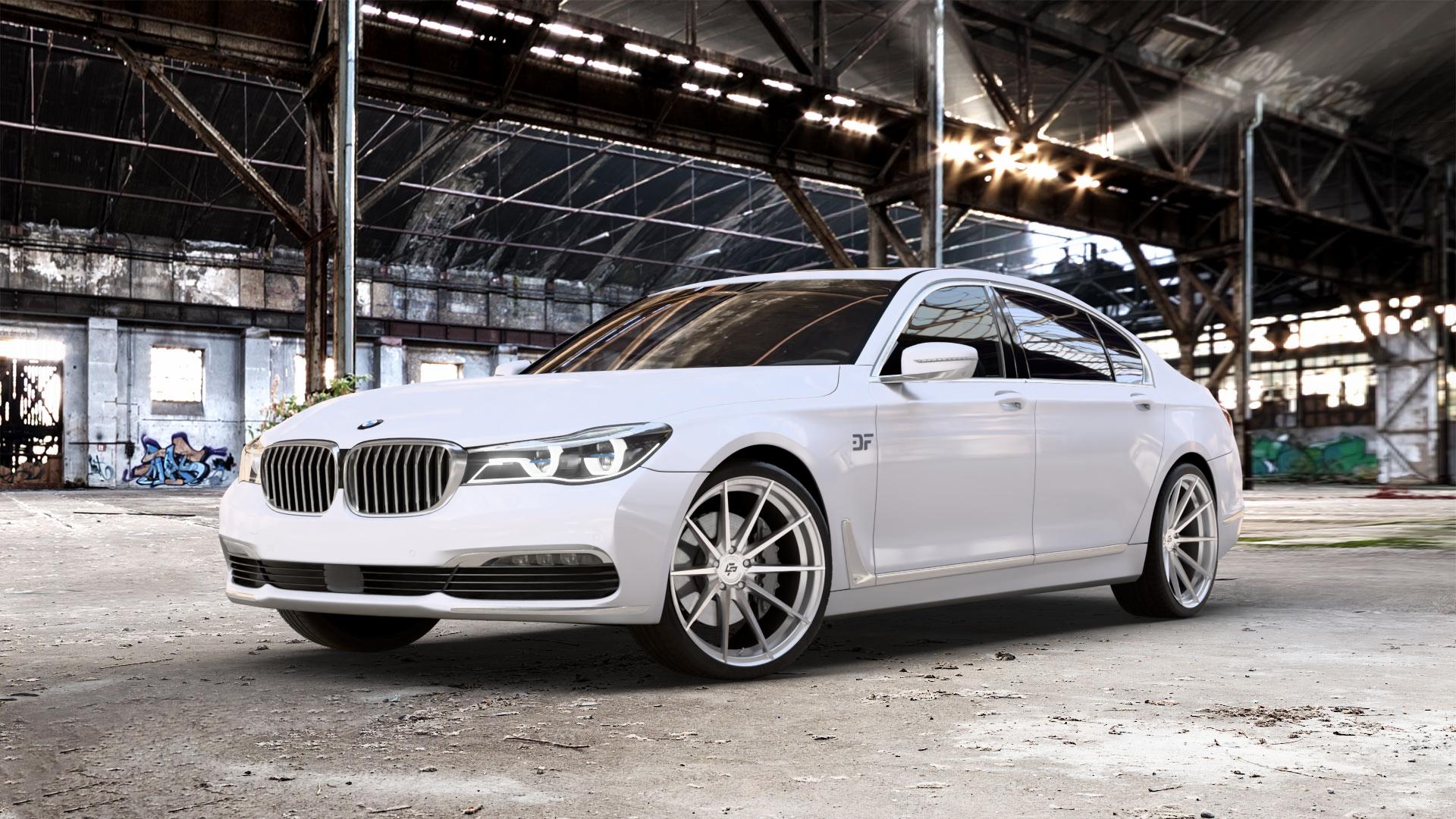 La Chanti Performance LC-P10 Machined Silver Felge mit Reifen silber in 21Zoll Alufelge auf weissem BMW 740Li Typ G12 750Li xDrive 730Ld 740Ld 740Le 730Li 750Ld 7er Limousine lang (7L) ⬇️ mit 15mm Tieferlegung ⬇️ Old Industrial Hall_max_5300mm_2024 Frontansicht_1