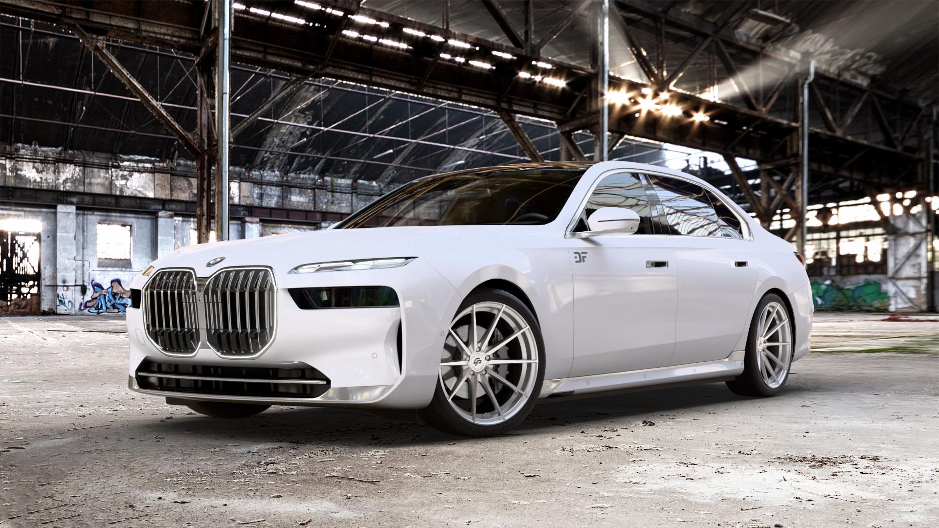 La Chanti Performance LC-P10 Machined Silver Felge mit Reifen silber in 21Zoll Alufelge auf weissem BMW 7er G70 Limousine (G7L) ⬇️ mit 15mm Tieferlegung ⬇️ Old Industrial Hall_max_5300mm_2024 Frontansicht_1