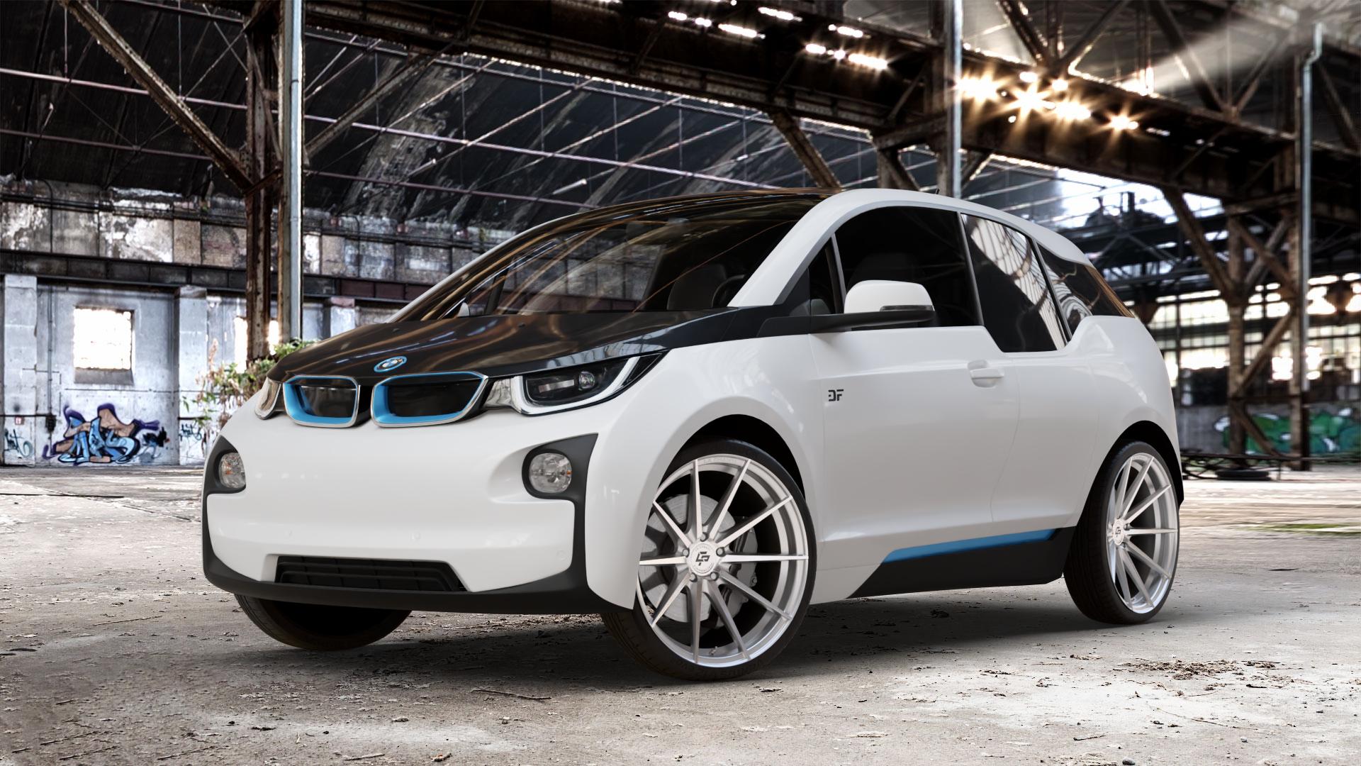 La Chanti Performance LC-P10 Machined Silver Felge mit Reifen silber in 21Zoll Alufelge auf weissem BMW i3 (BMWi-1) Range Extender i3s ⬇️ mit 15mm Tieferlegung ⬇️ Old Industrial Hall_max_4400mm_2024 Frontansicht_1