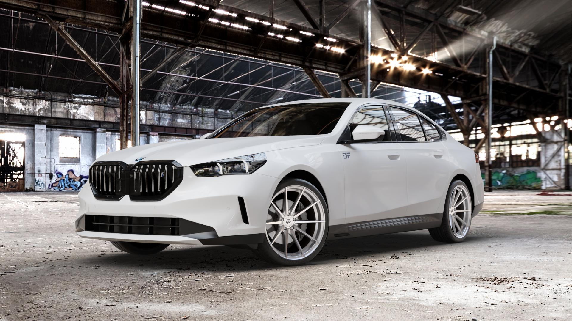 La Chanti Performance LC-P10 Machined Silver Felge mit Reifen silber in 21Zoll Alufelge auf weissem BMW i5 (G6E) 0,0l eDrive40 105kW (143 PS) ⬇️ mit 15mm Tieferlegung ⬇️ Old Industrial Hall_max_5300mm_2024 Frontansicht_1