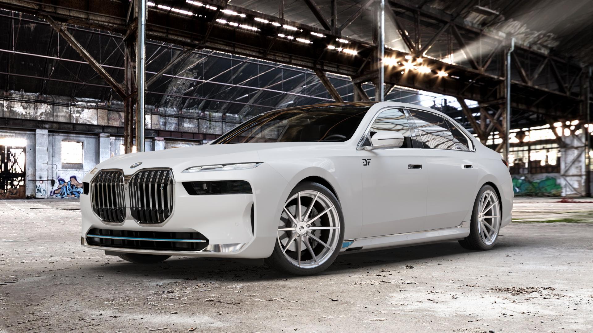 La Chanti Performance LC-P10 Machined Silver Felge mit Reifen silber in 21Zoll Alufelge auf weissem BMW i7 Typ G70 ⬇️ mit 15mm Tieferlegung ⬇️ Old Industrial Hall_max_5300mm_2024 Frontansicht_1
