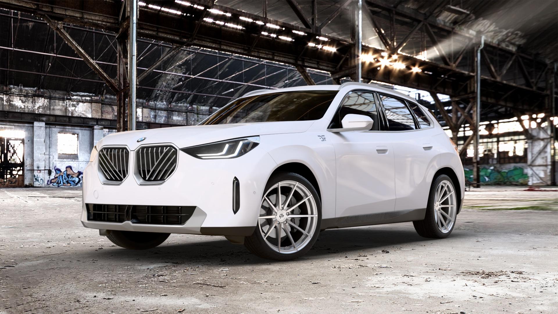 La Chanti Performance LC-P10 Machined Silver Felge mit Reifen silber in 21Zoll Alufelge auf weissem BMW X3 Typ G45 (G3XN) ⬇️ mit 15mm Tieferlegung ⬇️ Old Industrial Hall_max_5300mm_2024 Frontansicht_1