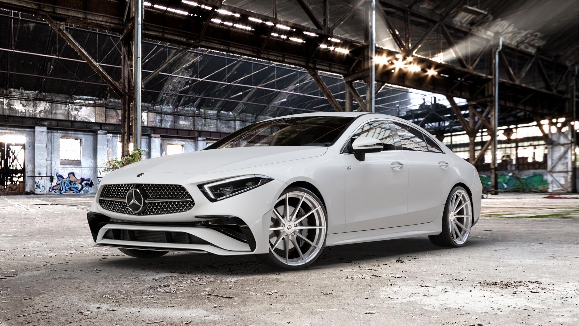 La Chanti Performance LC-P10 Machined Silver Felge mit Reifen silber in 21Zoll Alufelge auf weissem Mercedes CLS Typ C257 Facelift ⬇️ mit 15mm Tieferlegung ⬇️ Old Industrial Hall_max_5300mm_2024 Frontansicht_1