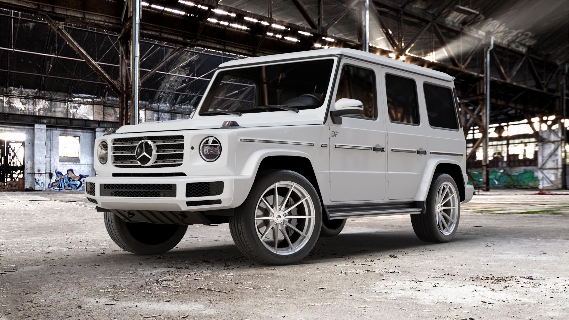 La Chanti Performance LC-P10 Machined Silver Felge mit Reifen silber in 21Zoll Alufelge auf weissem Mercedes G-Klasse Typ W463 Facelift (18->) ⬇️ mit 15mm Tieferlegung ⬇️ Old Industrial Hall_max_5300mm_2024 Frontansicht_1