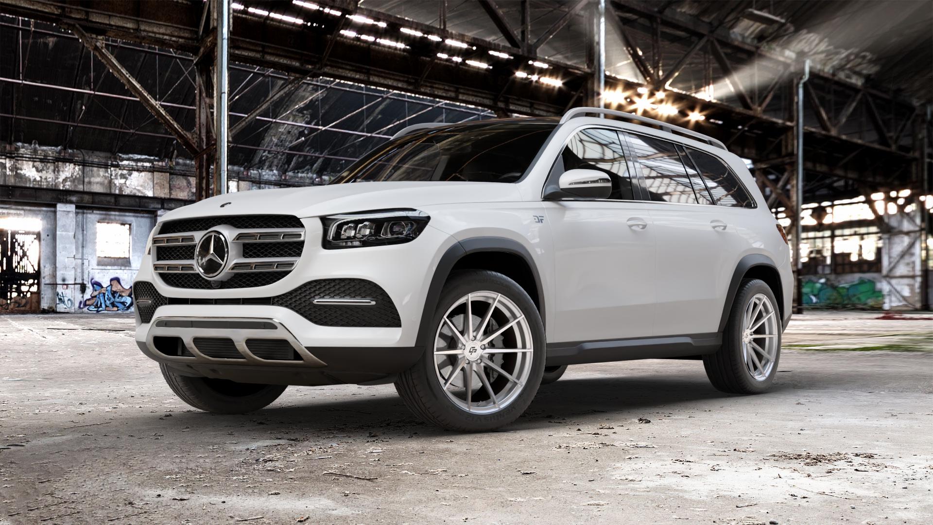 La Chanti Performance LC-P10 Machined Silver Felge mit Reifen silber in 21Zoll Alufelge auf weissem Mercedes GLS-Klasse Typ 167 (H1GLE) 2,9l 350 d 4Matic 210kW (286 PS) 400 243kW (330 4,0l 580 360kW Mild-Hybrid (489 ⬇️ mit 15mm Tieferlegung ⬇️ Old Industrial Hall_max_5300mm_2024 Frontansicht_1