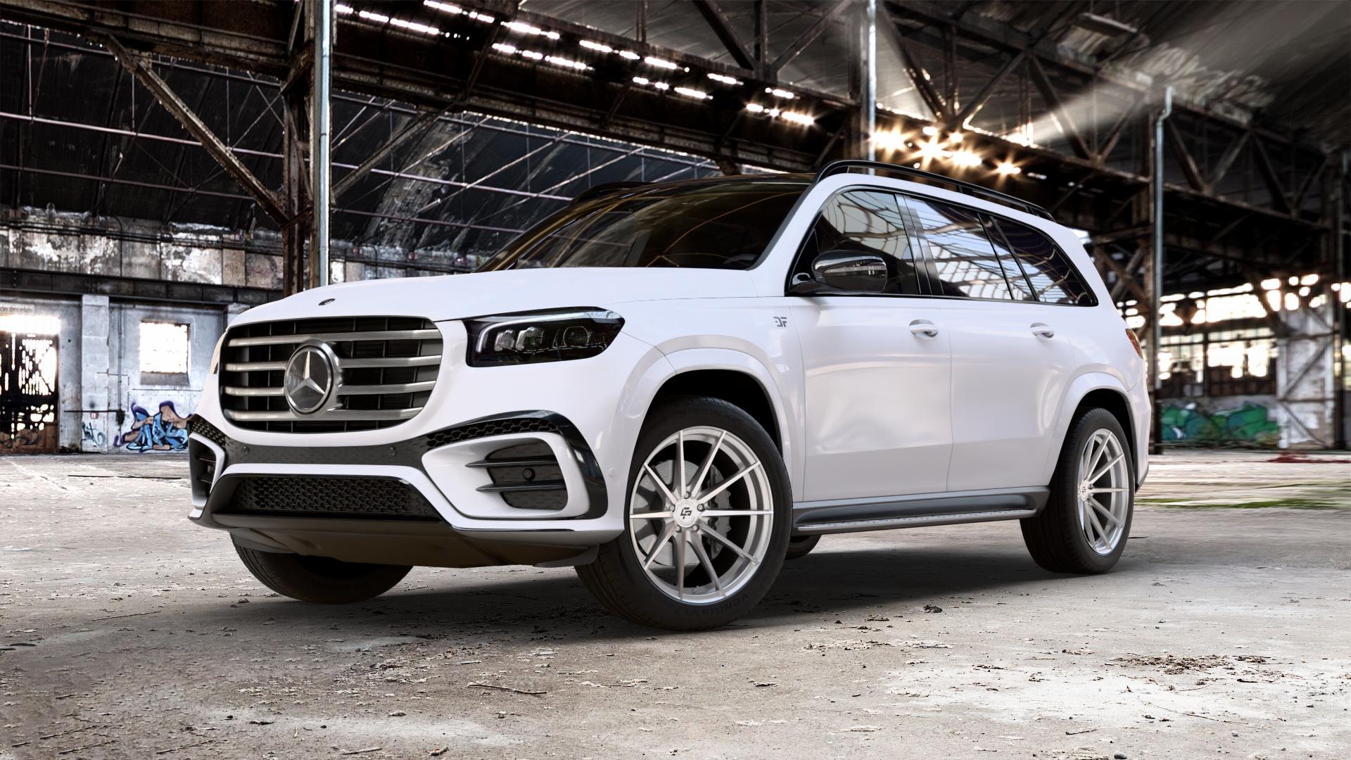 La Chanti Performance LC-P10 Machined Silver Felge mit Reifen silber in 21Zoll Alufelge auf weissem Mercedes GLS-Klasse Typ 167 (H1GLE) Facelift ⬇️ mit 15mm Tieferlegung ⬇️ Old Industrial Hall_max_5300mm_2024 Frontansicht_1