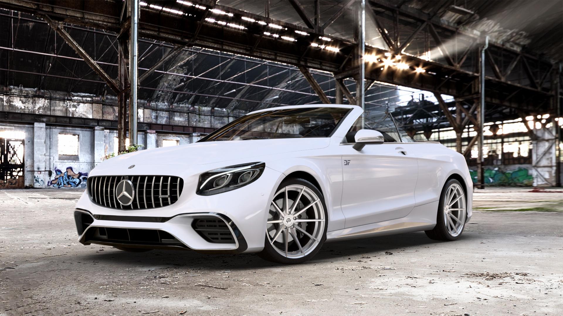 La Chanti Performance LC-P10 Machined Silver Felge mit Reifen silber in 21Zoll Alufelge auf weissem Mercedes S-Klasse Cabrio Typ 217 5,5l S 63 AMG 4Matic 430kW (585 PS) 6,0l 65 463kW (630 Facelift 4,0l 450kW (612 ⬇️ mit 15mm Tieferlegung ⬇️ Old Industrial Hall_max_5300mm_2024 Frontansicht_1