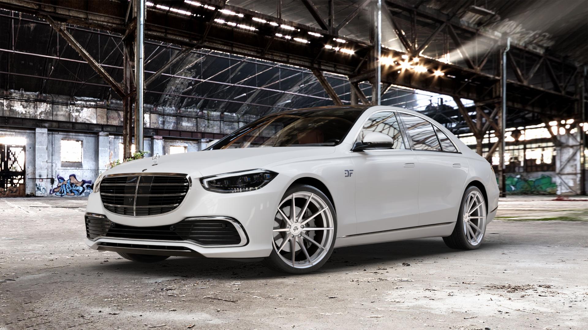 La Chanti Performance LC-P10 Machined Silver Felge mit Reifen silber in 21Zoll Alufelge auf weissem Mercedes S-Klasse Typ W223 (R2S) ⬇️ mit 15mm Tieferlegung ⬇️ Old Industrial Hall_max_5300mm_2024 Frontansicht_1