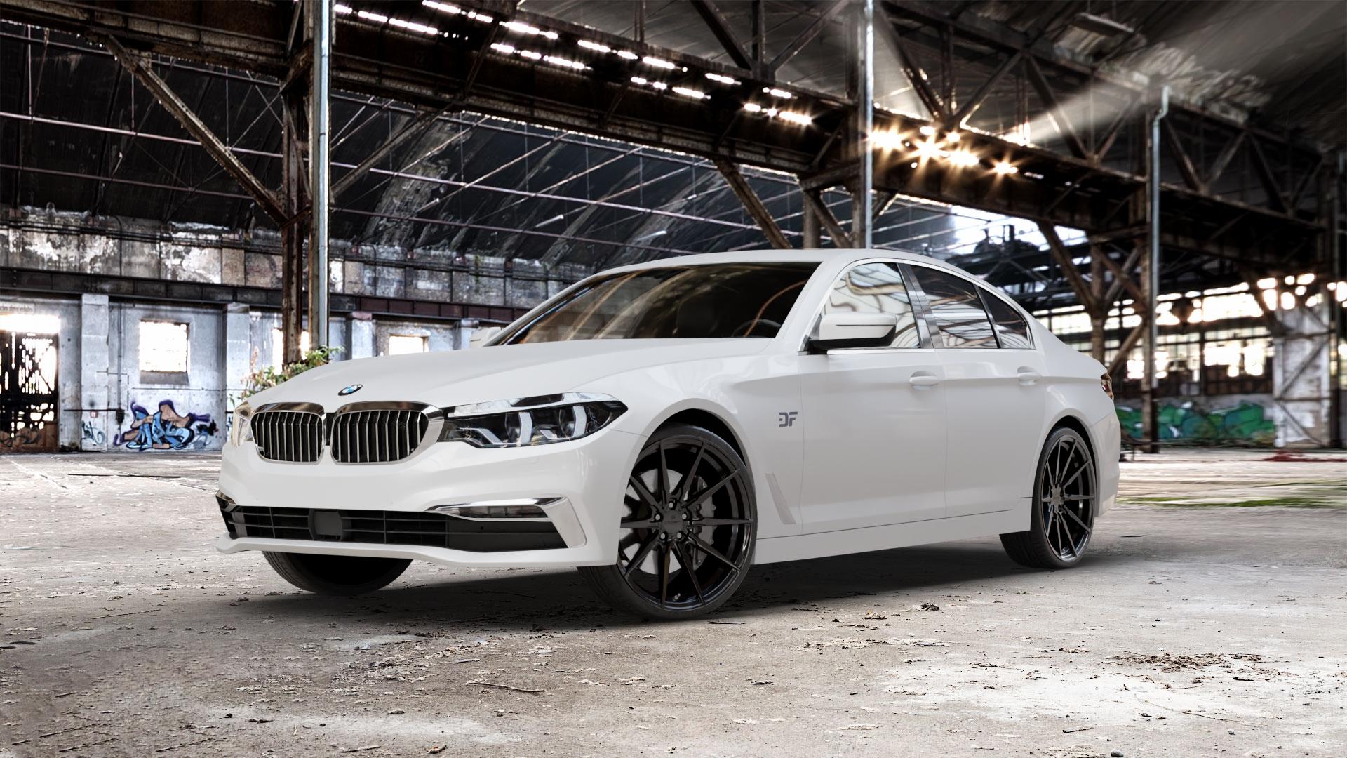La Chanti Performance LC-P11 Glossy Black Felge mit Reifen schwarz in 21Zoll Winterfelge Alufelge auf weissem BMW 5er G30 Limousine (G5L) ⬇️ mit 15mm Tieferlegung ⬇️ Old Industrial Hall_max_5300mm_2024 Frontansicht_1