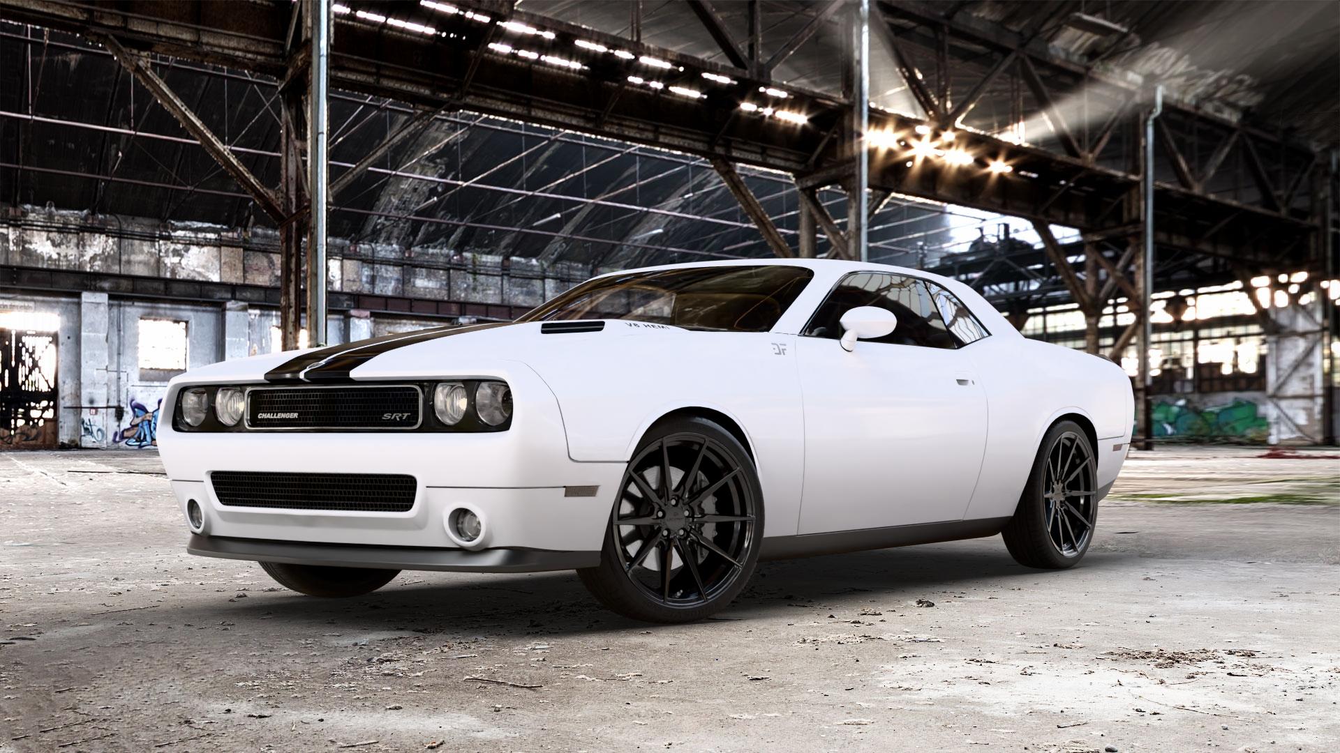 La Chanti Performance LC-P11 Glossy Black Felge mit Reifen schwarz in 21Zoll Winterfelge Alufelge auf weissem Dodge Challenger (08-) Typ LC ⬇️ mit 15mm Tieferlegung ⬇️ Old Industrial Hall_max_5300mm_2024 Frontansicht_1
