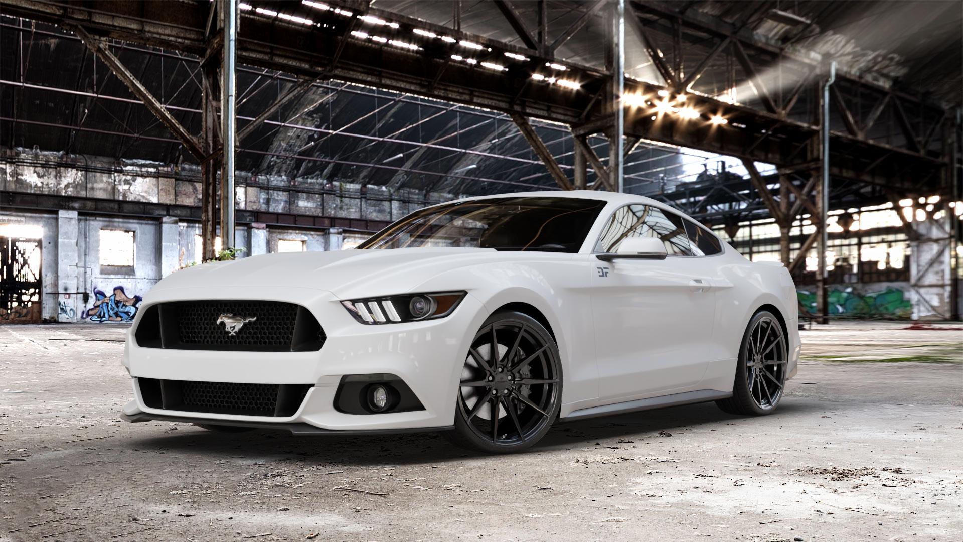 La Chanti Performance LC-P11 Glossy Black Felge mit Reifen schwarz in 21Zoll Winterfelge Alufelge auf weissem Ford Mustang VI Coupe Typ LAE Cabrio ⬇️ mit 15mm Tieferlegung ⬇️ Old Industrial Hall_max_5300mm_2024 Frontansicht_1