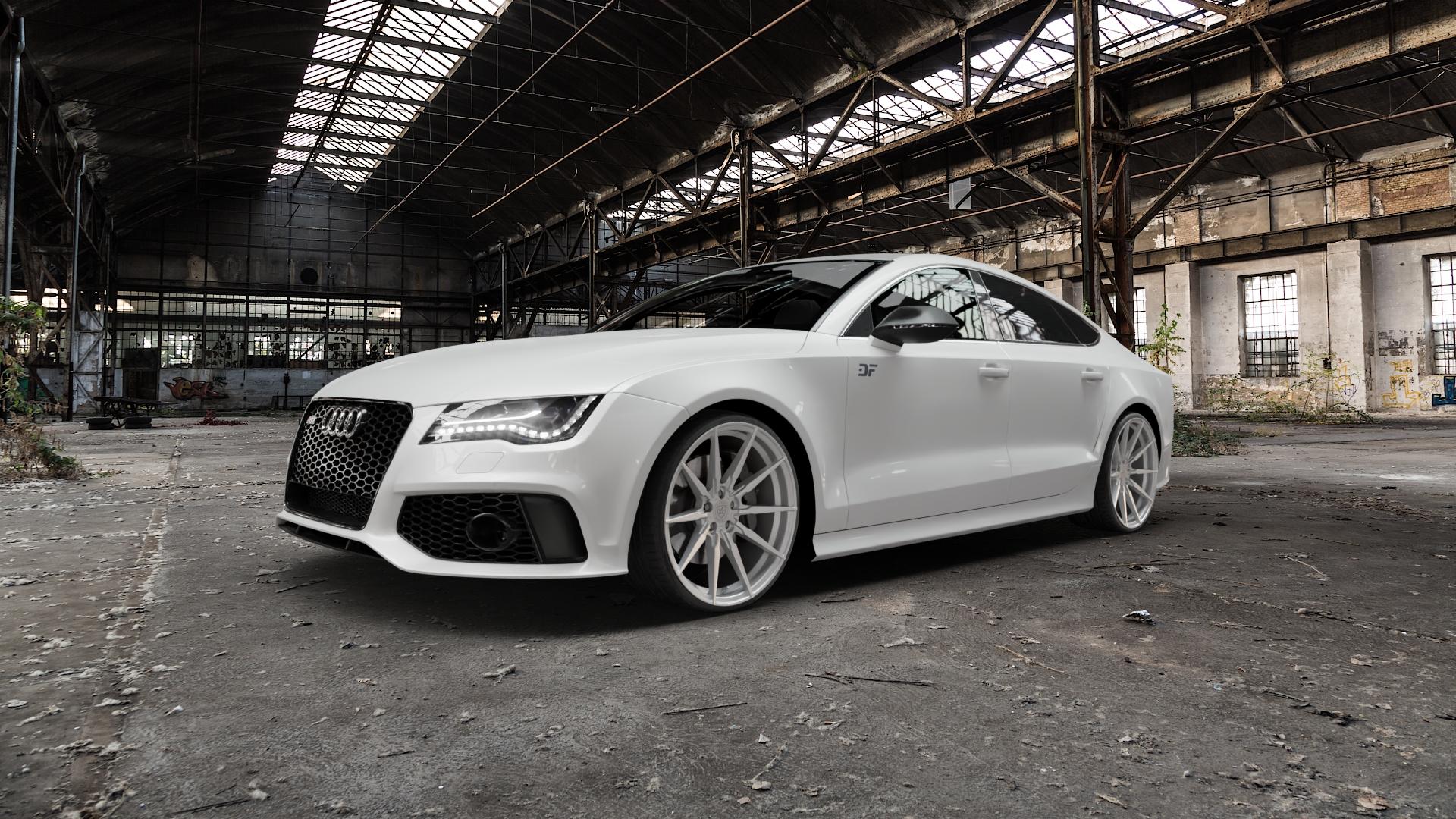 La Chanti Performance LC-P11 Machined Silver Felge mit Reifen silber in 21Zoll Winterfelge Alufelge auf weissem Audi A7 Typ 4G (Sportback) Facelift 4,0l RS7 TFSI quattro 412kW (560 PS) performance 445kW (605 ⬇️ mit 15mm Tieferlegung ⬇️ Old Industrial Hall_max5000mm_2022 Frontansicht_1