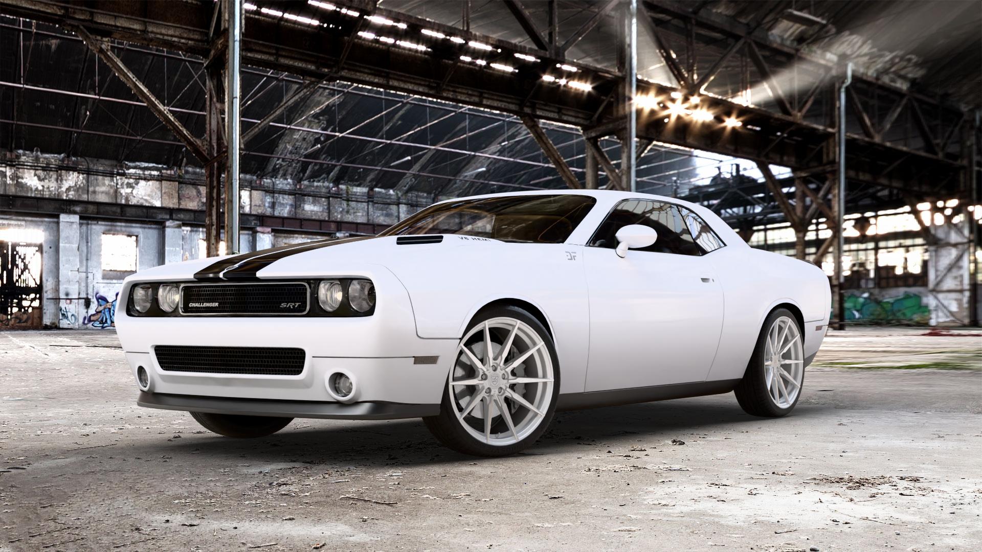 La Chanti Performance LC-P11 Machined Silver Felge mit Reifen silber in 21Zoll Winterfelge Alufelge auf weissem Dodge Challenger (08-) Typ LC ⬇️ mit 15mm Tieferlegung ⬇️ Old Industrial Hall_max_5300mm_2024 Frontansicht_1