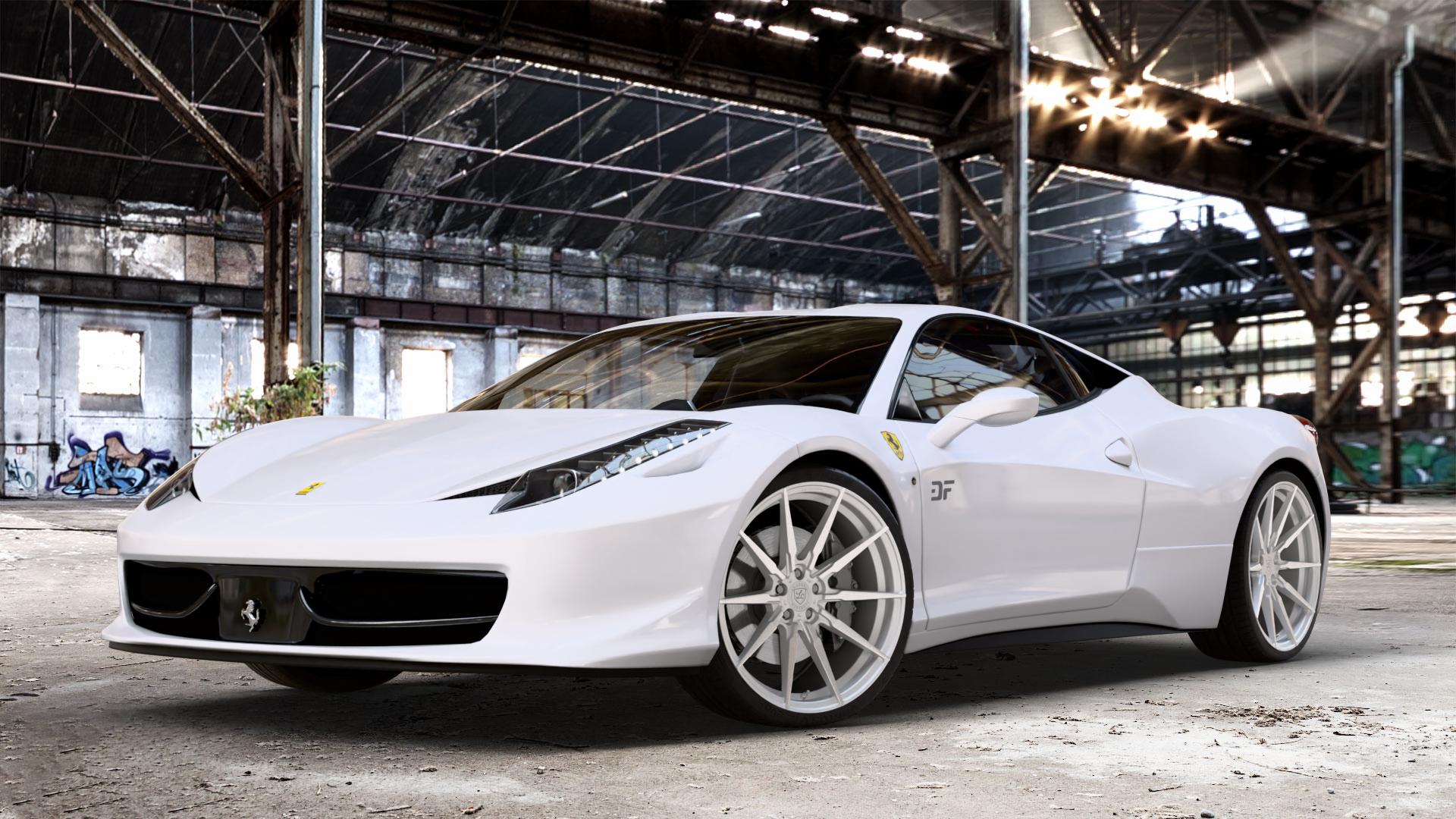 La Chanti Performance LC-P11 Machined Silver Felge mit Reifen silber in 21Zoll Winterfelge Alufelge auf weissem Ferrari 458 Italia ⬇️ mit 15mm Tieferlegung ⬇️ Old Industrial Hall_max_4400mm_2024 Frontansicht_1