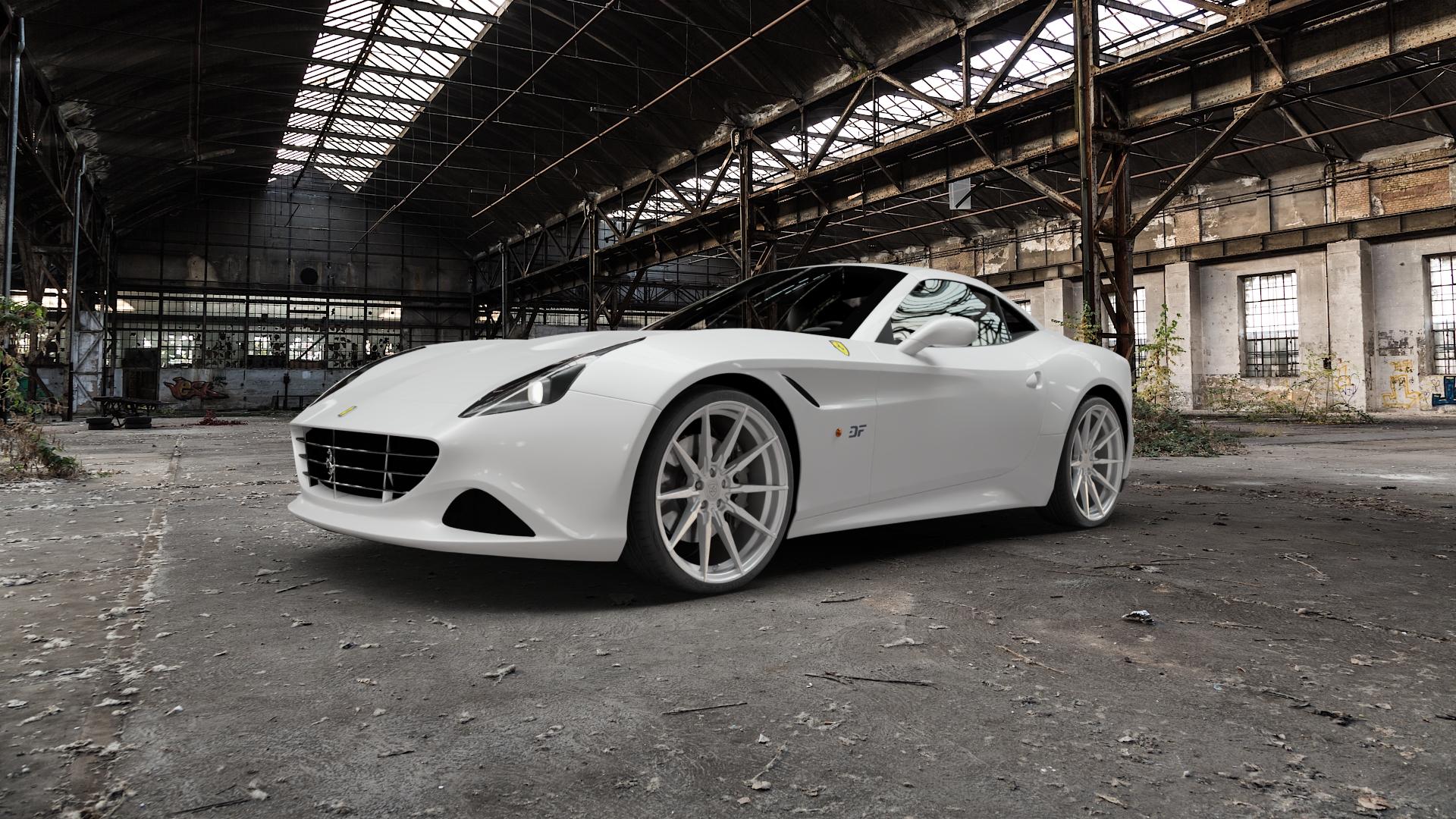La Chanti Performance LC-P11 Machined Silver Felge mit Reifen silber in 21Zoll Winterfelge Alufelge auf weissem Ferrari California ⬇️ mit 15mm Tieferlegung ⬇️ Old Industrial Hall_max5000mm_2022 Frontansicht_1