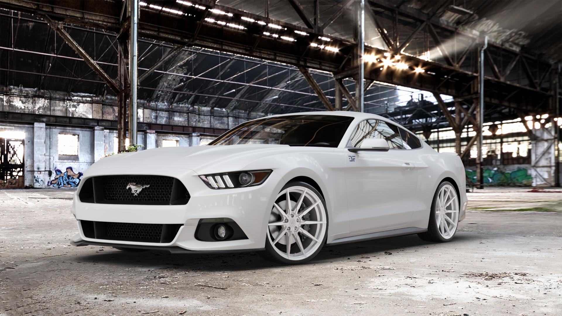 La Chanti Performance LC-P11 Machined Silver Felge mit Reifen silber in 21Zoll Winterfelge Alufelge auf weissem Ford Mustang VI Coupe Typ LAE Cabrio ⬇️ mit 15mm Tieferlegung ⬇️ Old Industrial Hall_max_5300mm_2024 Frontansicht_1