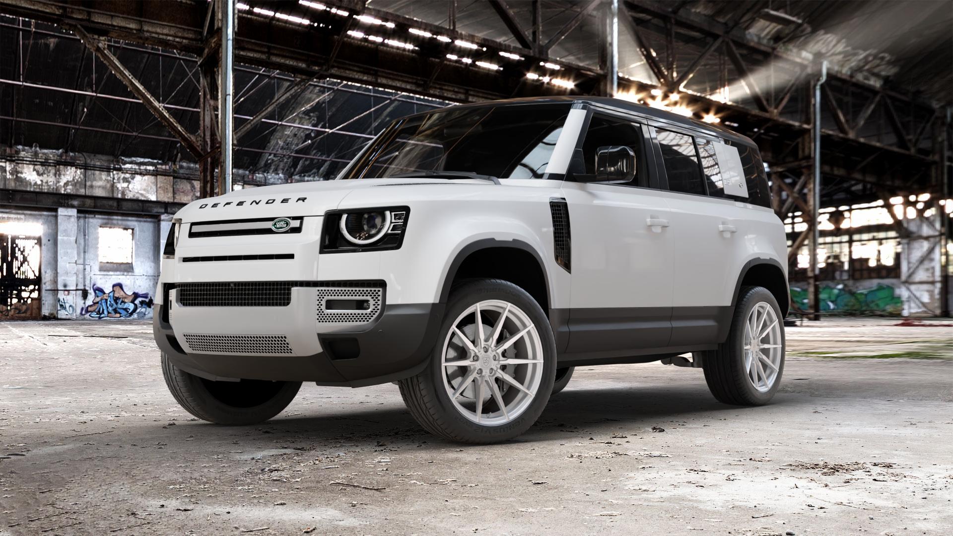 La Chanti Performance LC-P11 Machined Silver Felge mit Reifen silber in 21Zoll Winterfelge Alufelge auf weissem Land Rover Defender 110 Typ LE ⬇️ mit 15mm Tieferlegung ⬇️ Old Industrial Hall_max_5300mm_2024 Frontansicht_1