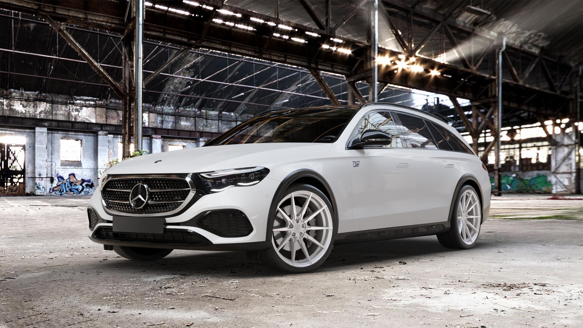 La Chanti Performance LC-P11 Machined Silver Felge mit Reifen silber in 21Zoll Winterfelge Alufelge auf weissem Mercedes E-Klasse Typ S214 All-Terrain Coupe ⬇️ mit 15mm Tieferlegung ⬇️ Old Industrial Hall_max_5300mm_2024 Frontansicht_1