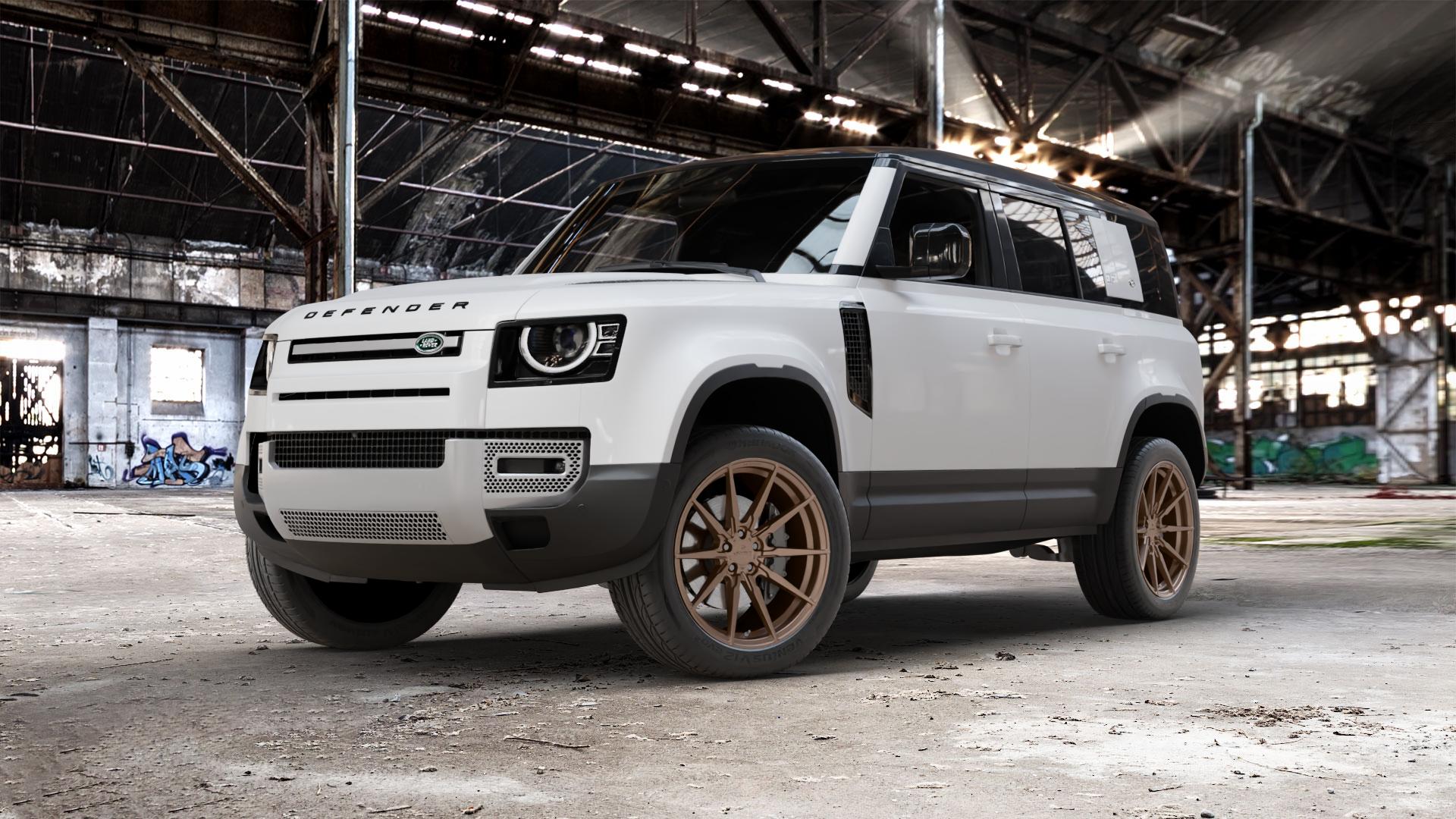 La Chanti Performance LC-P11 Matt Bronze Felge mit Reifen in 21Zoll Winterfelge Alufelge auf weissem Land Rover Defender 110 Typ LE ⬇️ mit 15mm Tieferlegung ⬇️ Old Industrial Hall_max_5300mm_2024 Frontansicht_1