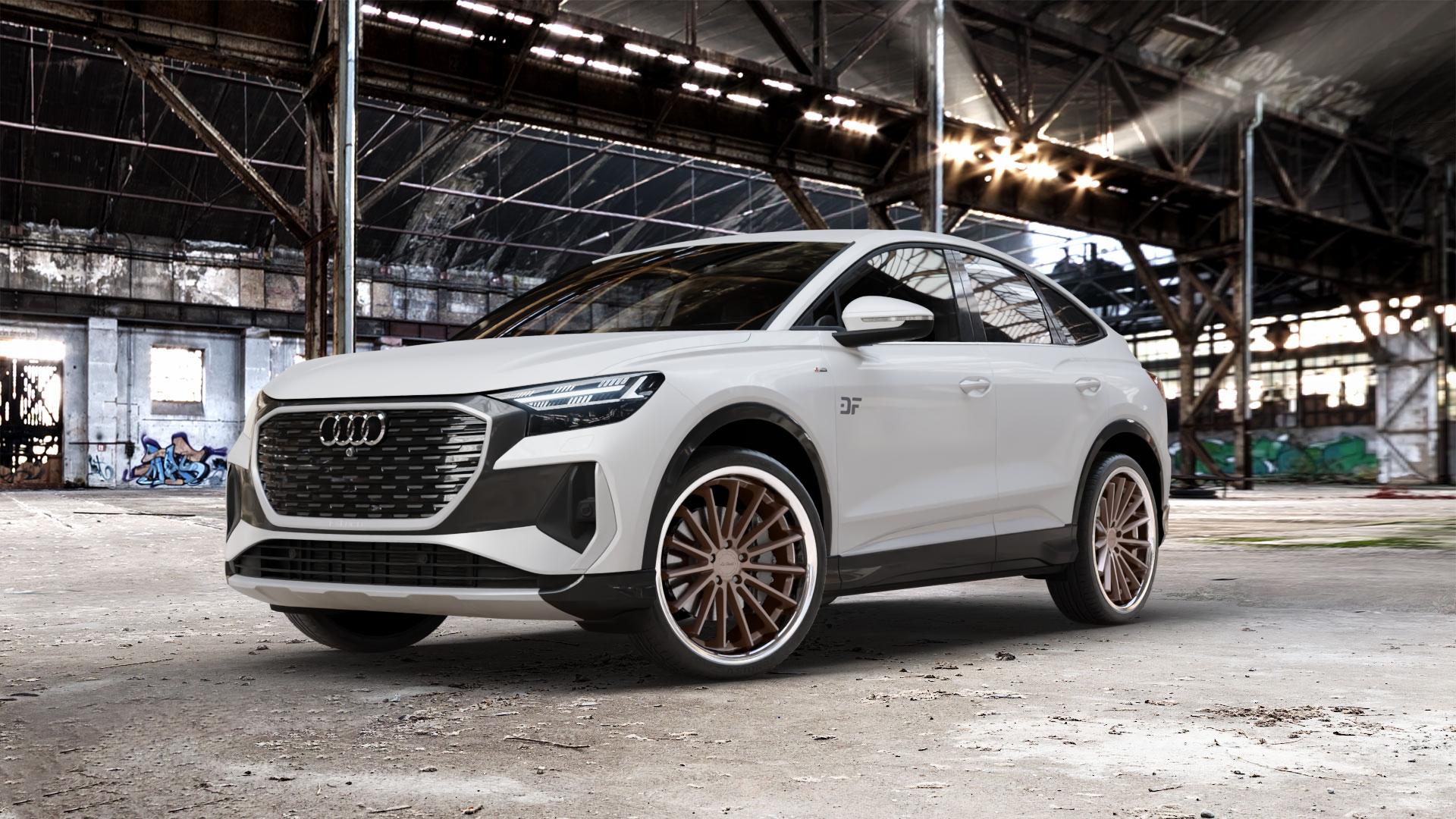 La Chanti Performance LC-P12 Brushed Bronze / Chrome Lip Felge mit Reifen in 22Zoll Alufelge auf weissem Audi Q4 Sportback Typ FZ e-tron ⬇️ mit 15mm Tieferlegung ⬇️ Old Industrial Hall_max_5300mm_2024 Frontansicht_1