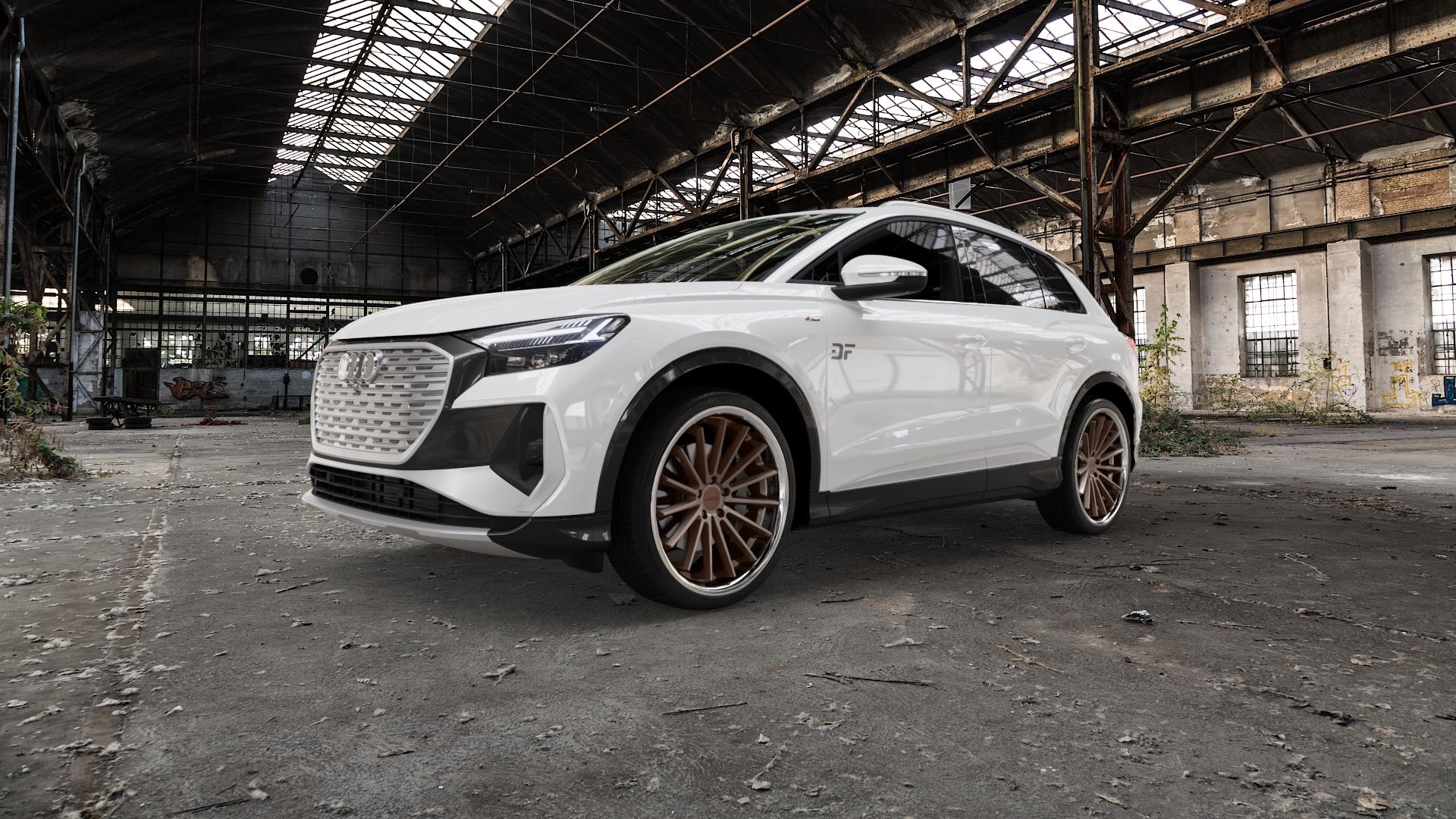 La Chanti Performance LC-P12 Brushed Bronze / Chrome Lip Felge mit Reifen in 22Zoll Alufelge auf weissem Audi Q4 Typ FZ ⬇️ mit 15mm Tieferlegung ⬇️ Old Industrial Hall_max5000mm_2022 Frontansicht_1