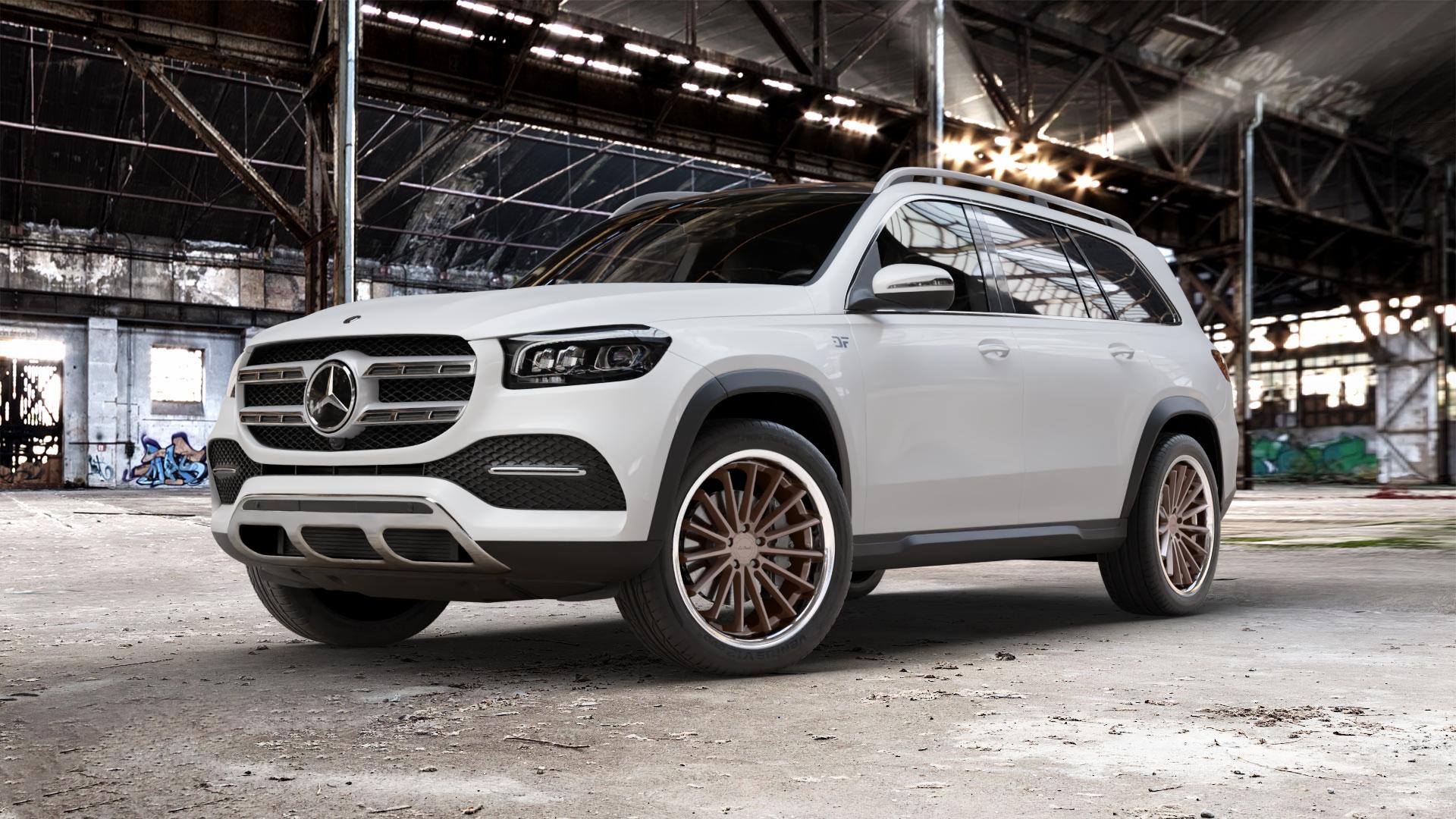 La Chanti Performance LC-P12 Brushed Bronze / Chrome Lip Felge mit Reifen in 22Zoll Alufelge auf weissem Mercedes GLS-Klasse Typ 167 (H1GLE) 2,9l 350 d 4Matic 210kW (286 PS) 400 243kW (330 4,0l 580 360kW Mild-Hybrid (489 ⬇️ mit 15mm Tieferlegung ⬇️ Old Industrial Hall_max_5300mm_2024 Frontansicht_1