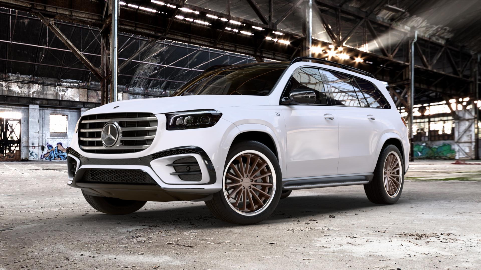 La Chanti Performance LC-P12 Brushed Bronze / Chrome Lip Felge mit Reifen in 22Zoll Alufelge auf weissem Mercedes GLS-Klasse Typ 167 (H1GLE) Facelift ⬇️ mit 15mm Tieferlegung ⬇️ Old Industrial Hall_max_5300mm_2024 Frontansicht_1
